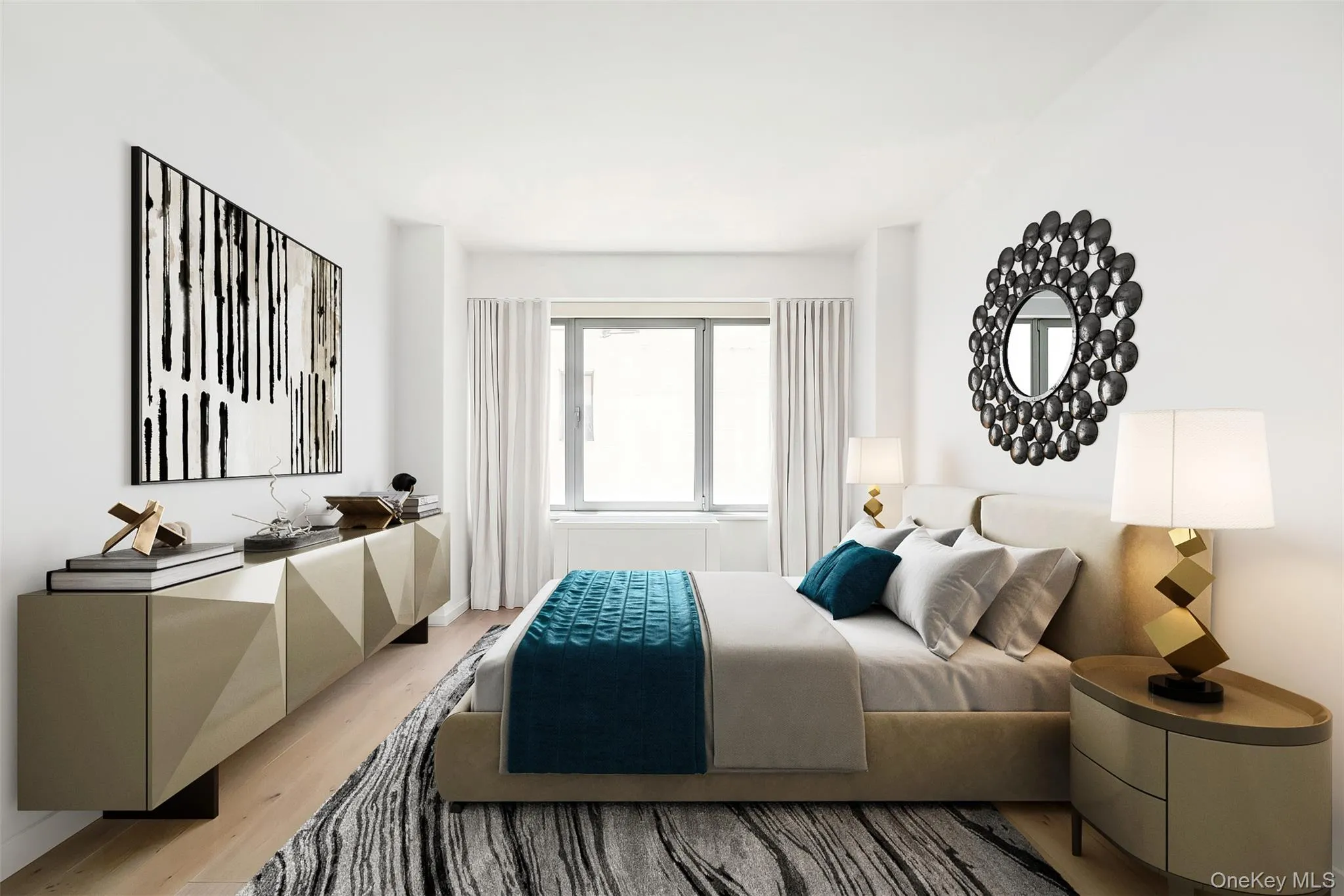 Hardwood-style flooring extends throughout this room, complemented by a large window with white draperies, a built-in radiator, and white walls Hardwood-style flooring extends throughout this room, complemented by a large window with white draperies, a built-in radiator, and white walls