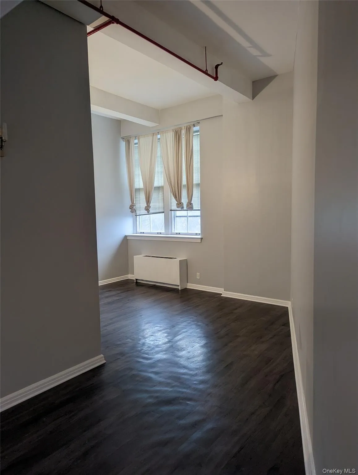 Spacious room featuring dark wood-finish flooring, light grey walls, and a large window with sheer roll-up shades Spacious room featuring dark wood-finish flooring, light grey walls, and a large window with sheer roll-up shades