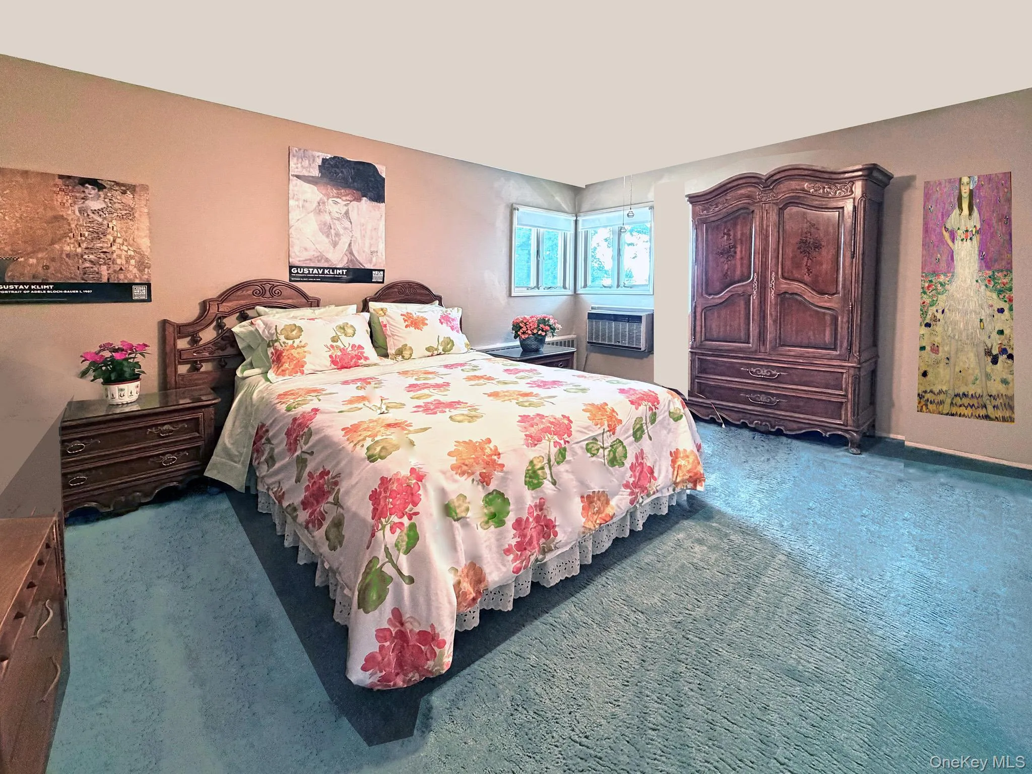 Bedroom featuring plush blue carpeting, a window-mounted air conditioning unit, and a built-in window providing natural light Bedroom featuring plush blue carpeting, a window-mounted air conditioning unit, and a built-in window providing natural light