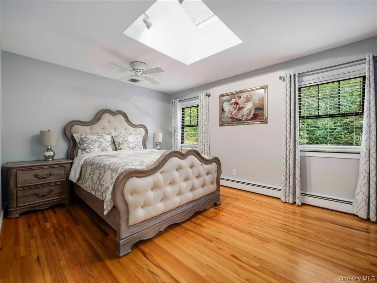 Room featuring hardwood flooring, a ceiling fan, and a skylight with integrated track lighting Room featuring hardwood flooring, a ceiling fan, and a skylight with integrated track lighting