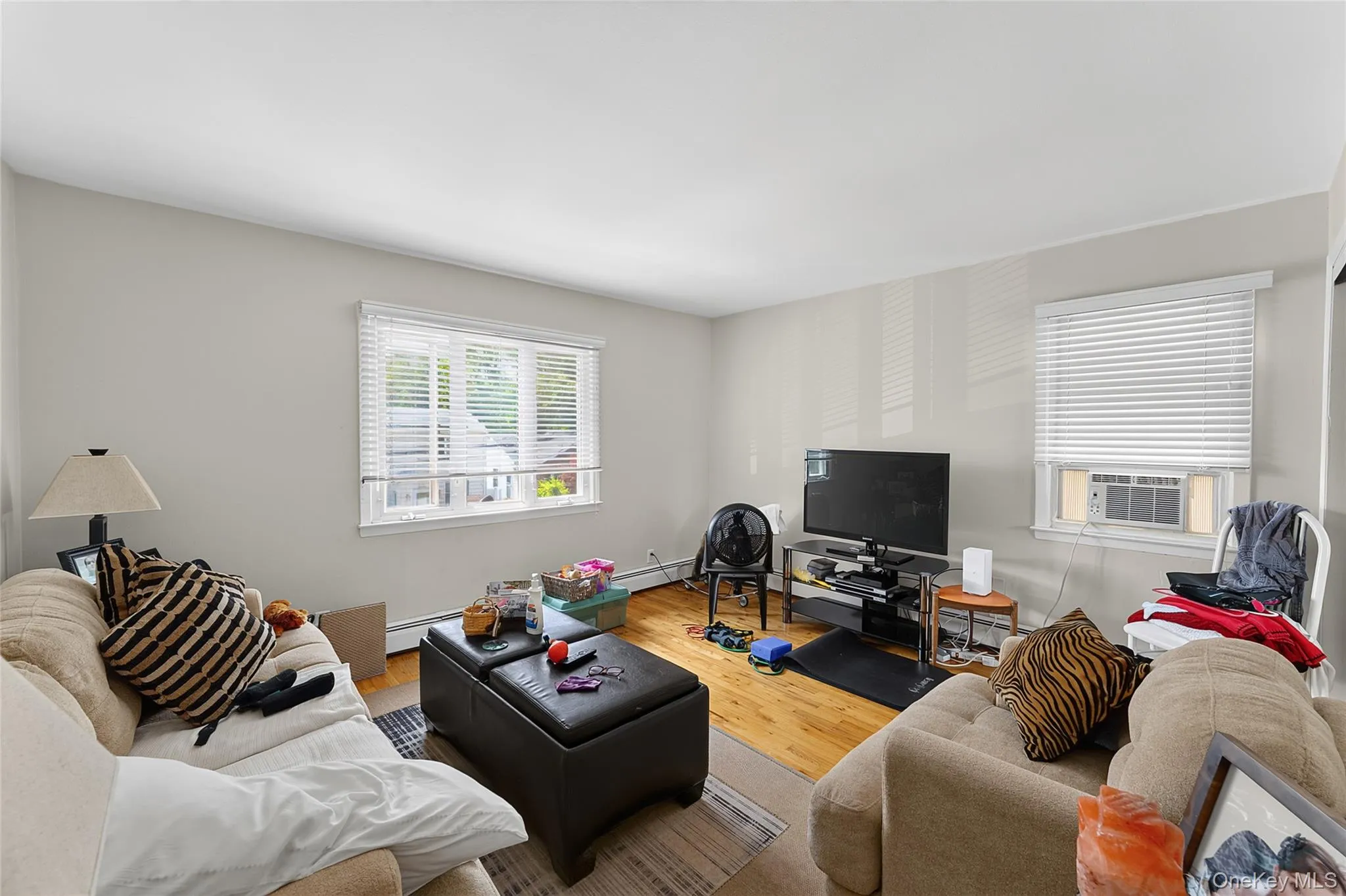 Living area featuring wood-finish flooring, light neutral wall paint, and white trim Living area featuring wood-finish flooring, light neutral wall paint, and white trim