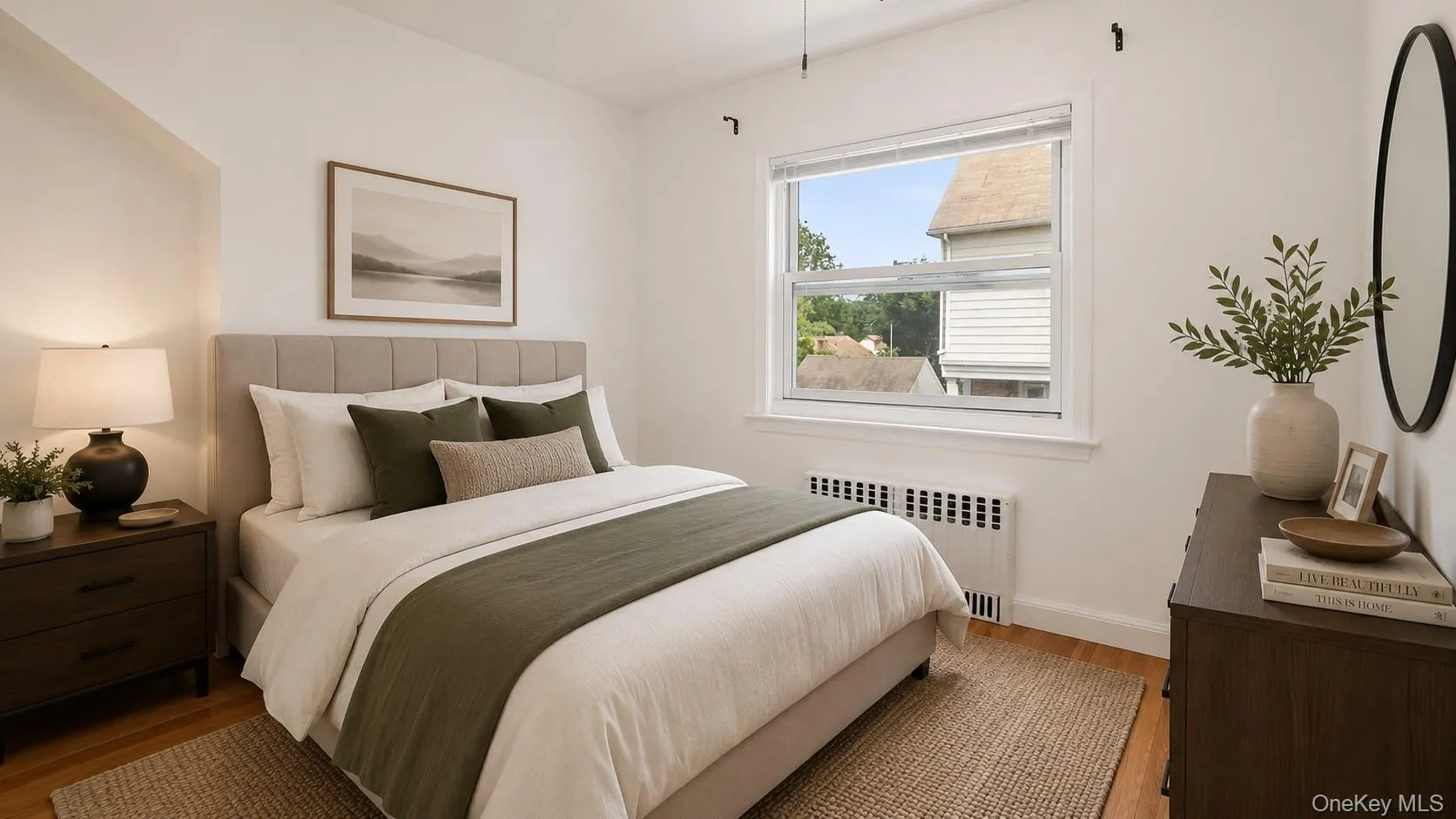 Bedroom featuring hardwood flooring, a large window, and a built-in radiator Bedroom featuring hardwood flooring, a large window, and a built-in radiator