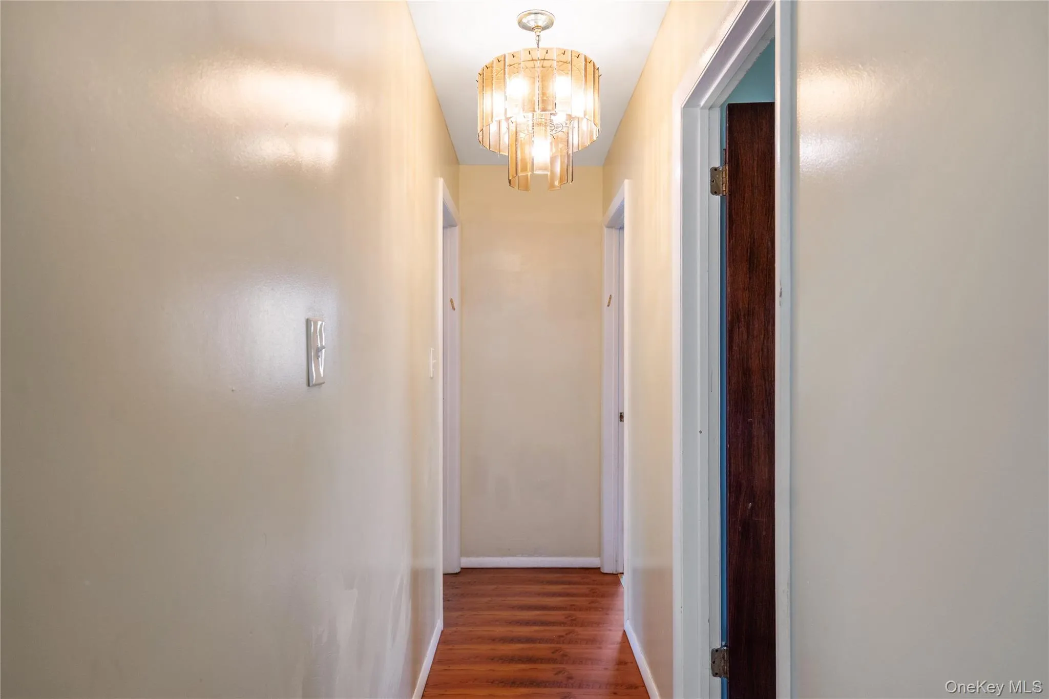 Hall featuring a chandelier, wood finished floors, and baseboards Hall featuring a chandelier, wood finished floors, and baseboards