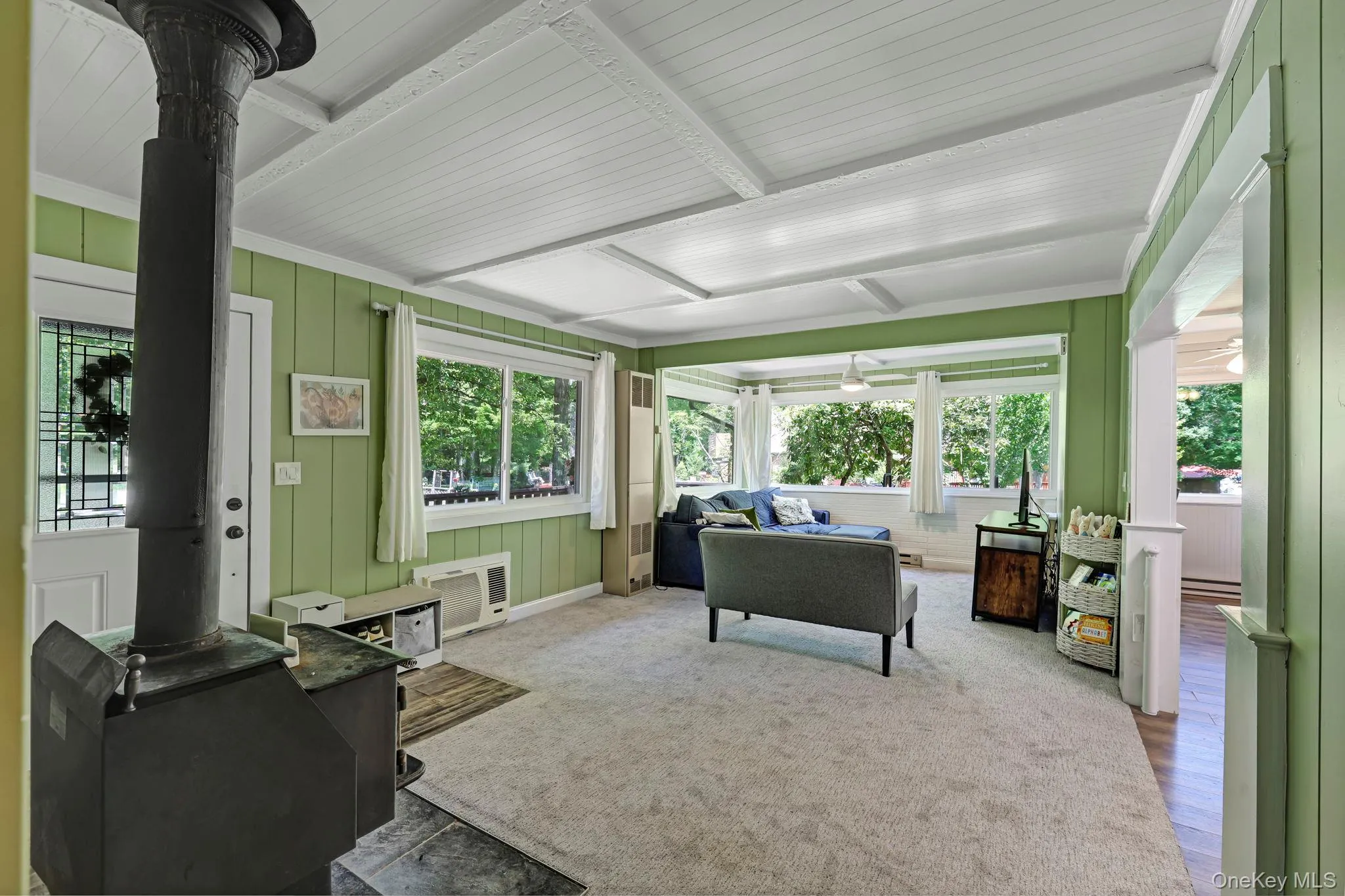 Living room with a wood burning stove, new windows and carpet Living room with a wood burning stove, new windows and carpet