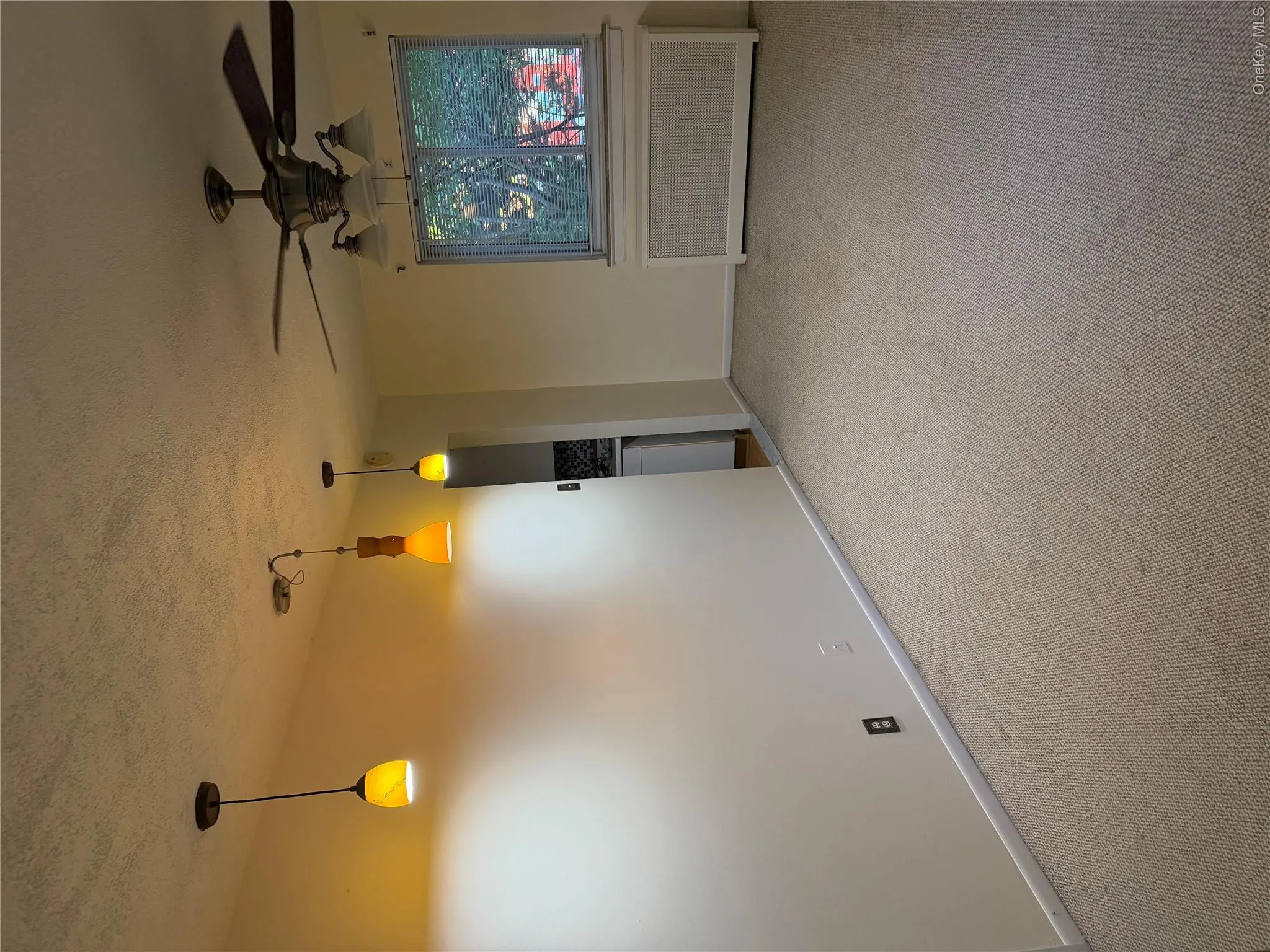 Spacious room featuring neutral carpet flooring, light-colored walls, and a window with a radiator cover Spacious room featuring neutral carpet flooring, light-colored walls, and a window with a radiator cover