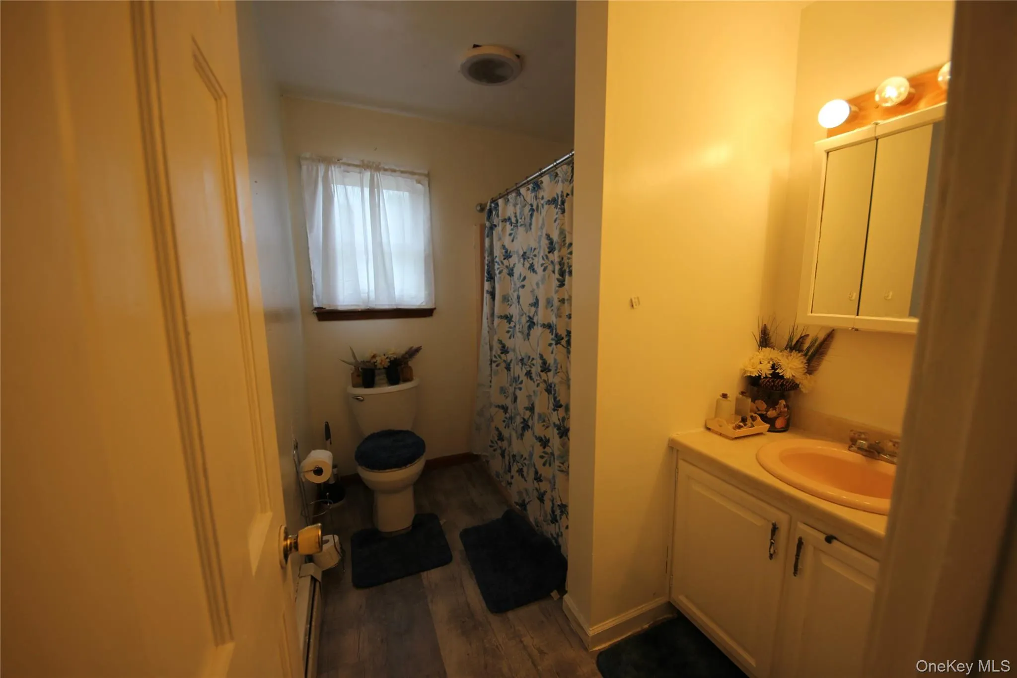 Full bathroom featuring a single vanity with a countertop sink, a medicine cabinet, a toilet, and a shower area with a curtain Full bathroom featuring a single vanity with a countertop sink, a medicine cabinet, a toilet, and a shower area with a curtain
