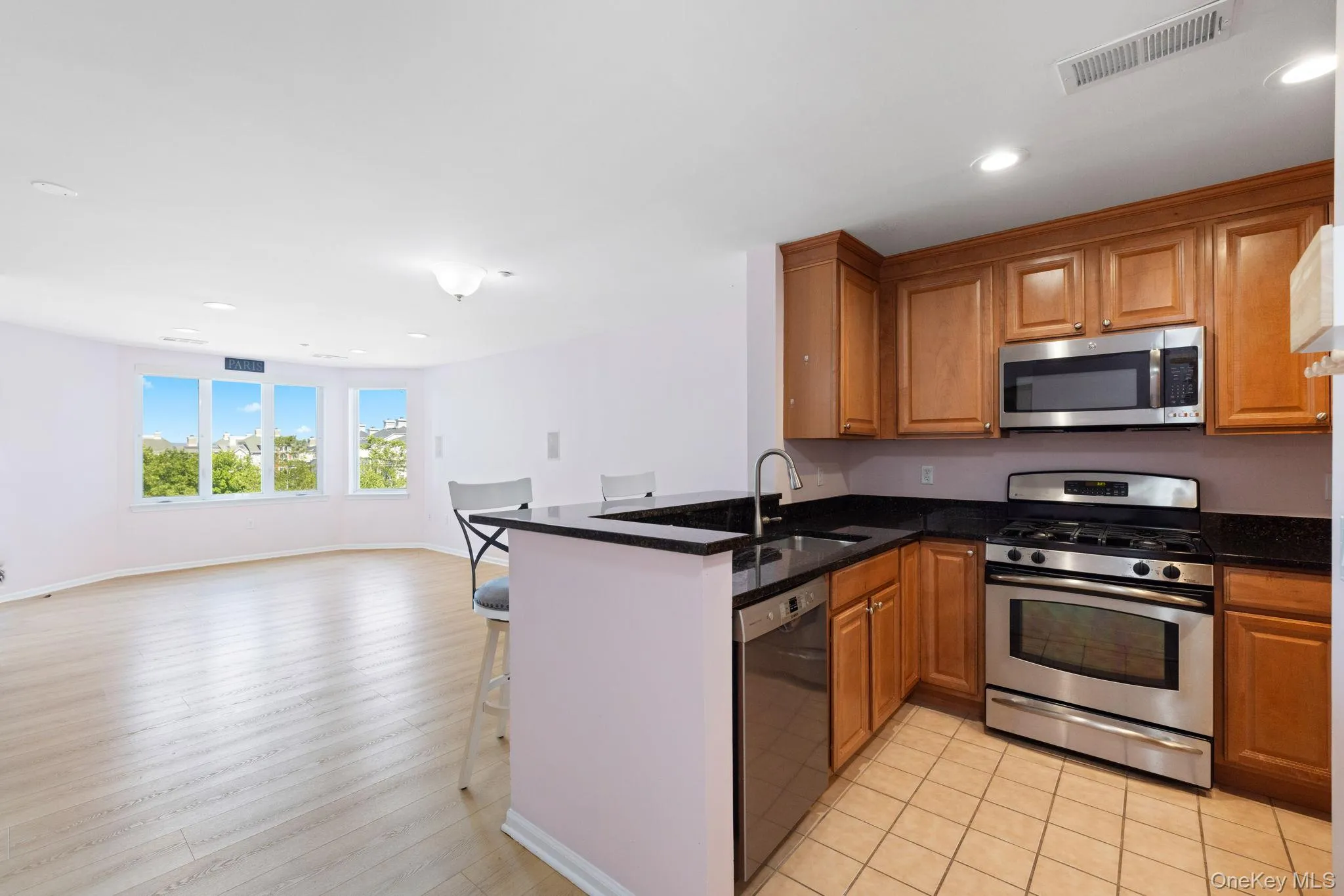Open-concept kitchen and living area featuring stainless steel appliances, dark countertops, wood cabinetry, and wood-finish flooring Open-concept kitchen and living area featuring stainless steel appliances, dark countertops, wood cabinetry, and wood-finish flooring