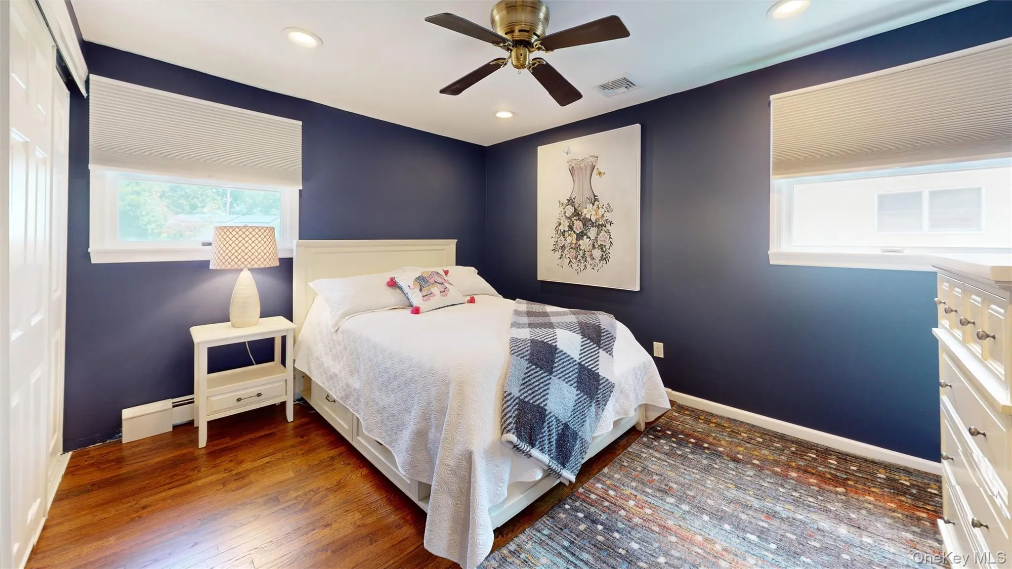 Turnkey bedroom space with a hi-hat light and a ceiling fan, too! Turnkey bedroom space with a hi-hat light and a ceiling fan, too!