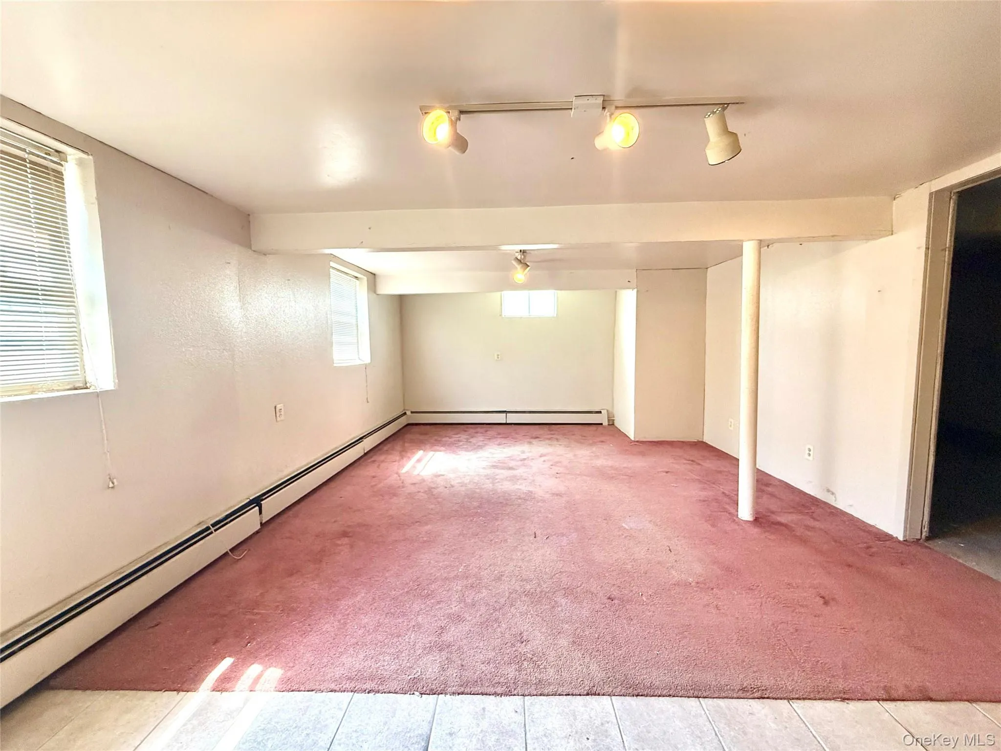 Below grade area with a baseboard heating unit and carpet Below grade area with a baseboard heating unit and carpet