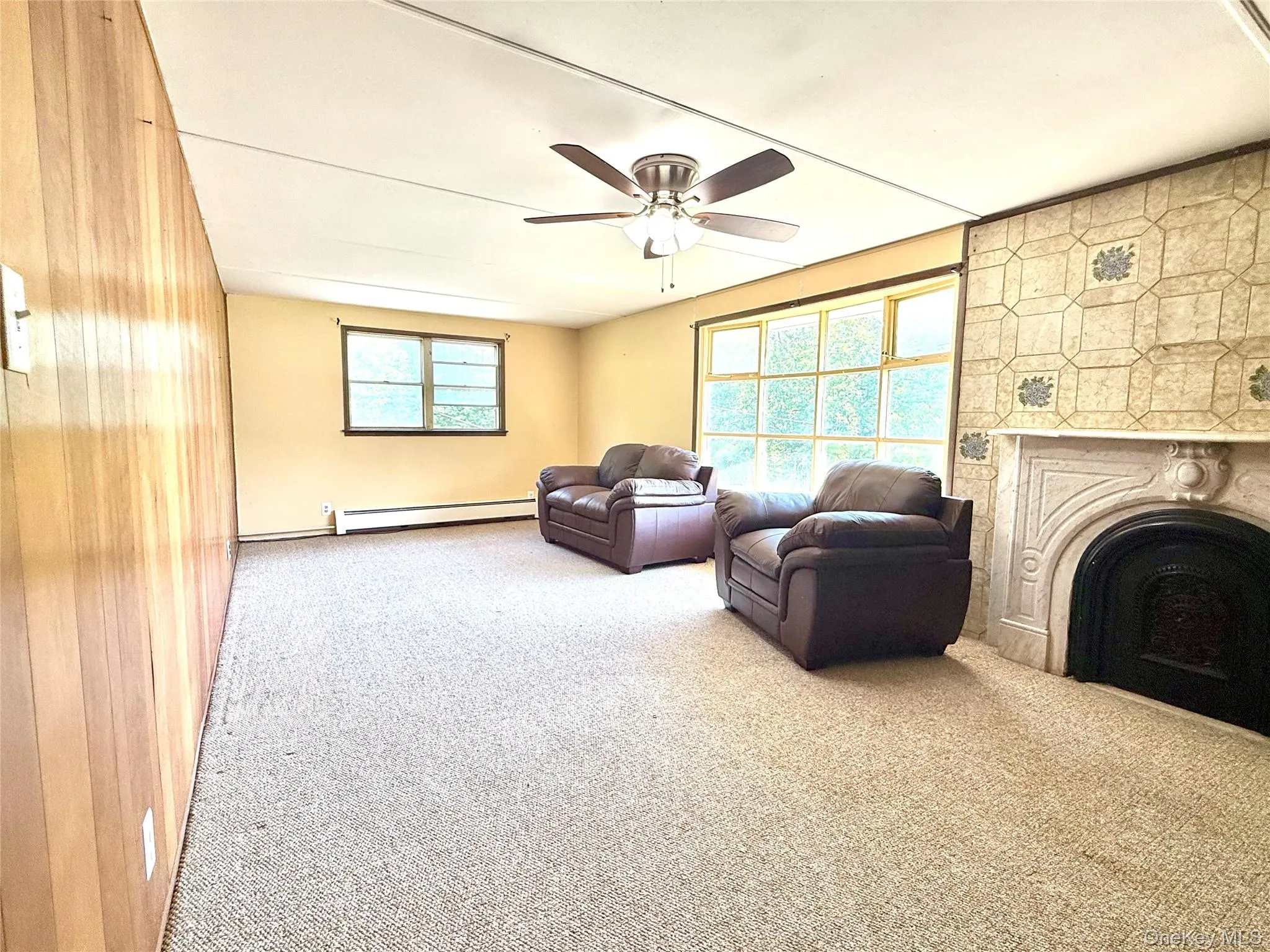 Carpeted living room featuring a baseboard radiator, ceiling fan, a fireplace, and wood walls Carpeted living room featuring a baseboard radiator, ceiling fan, a fireplace, and wood walls