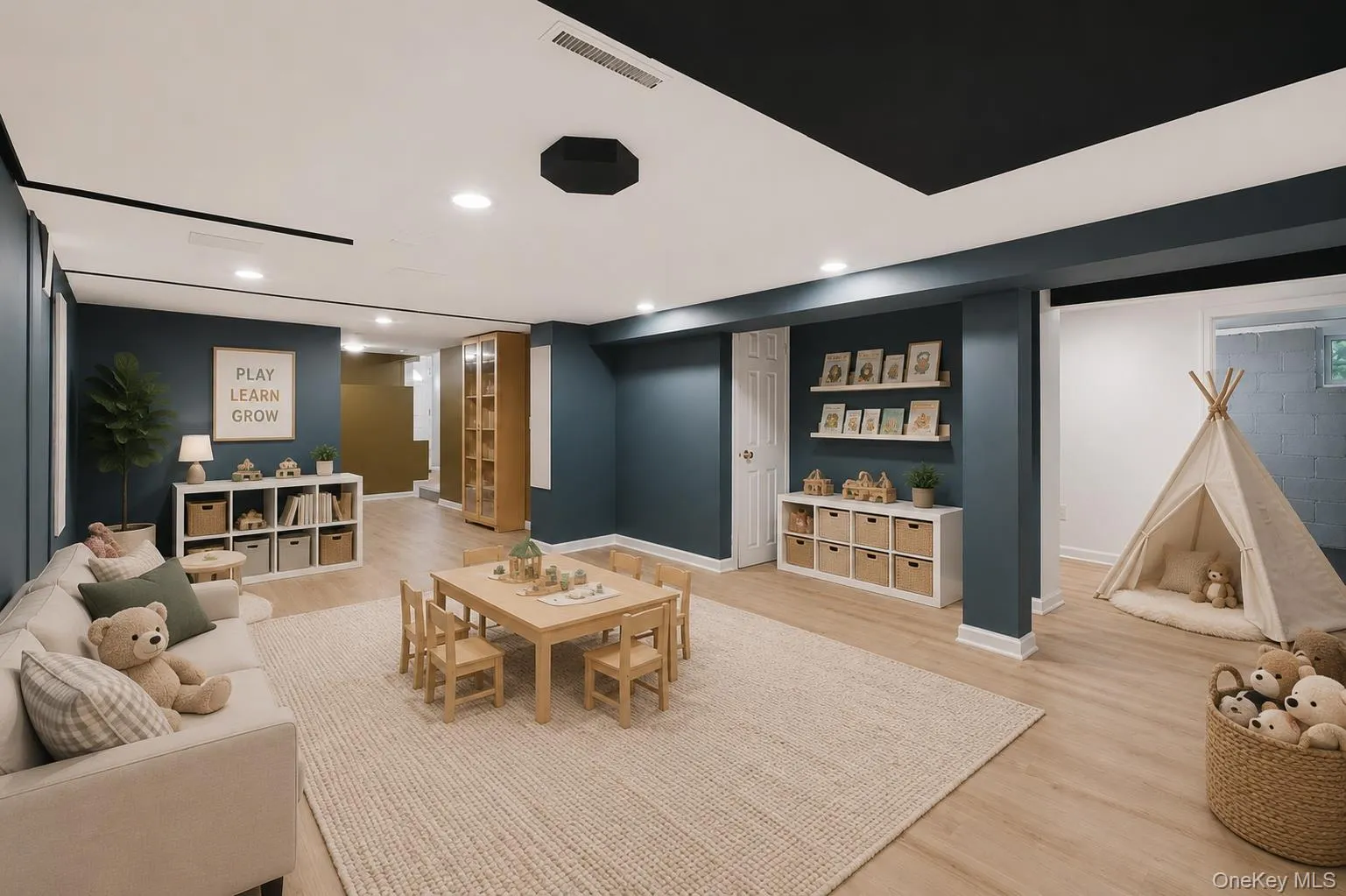 Finished basement staged as playroom. Finished basement staged as playroom.