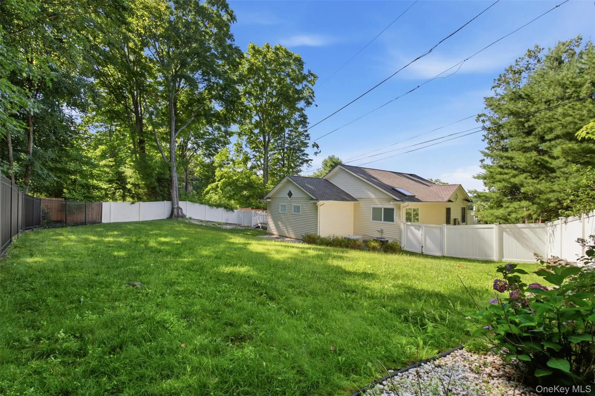 Spacious lawn area framed by a white privacy fence and mature trees Spacious lawn area framed by a white privacy fence and mature trees