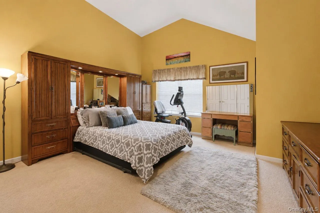 Vaulted ceiling room featuring light-colored carpeting, a window with blinds, and built-in cabinetry Vaulted ceiling room featuring light-colored carpeting, a window with blinds, and built-in cabinetry