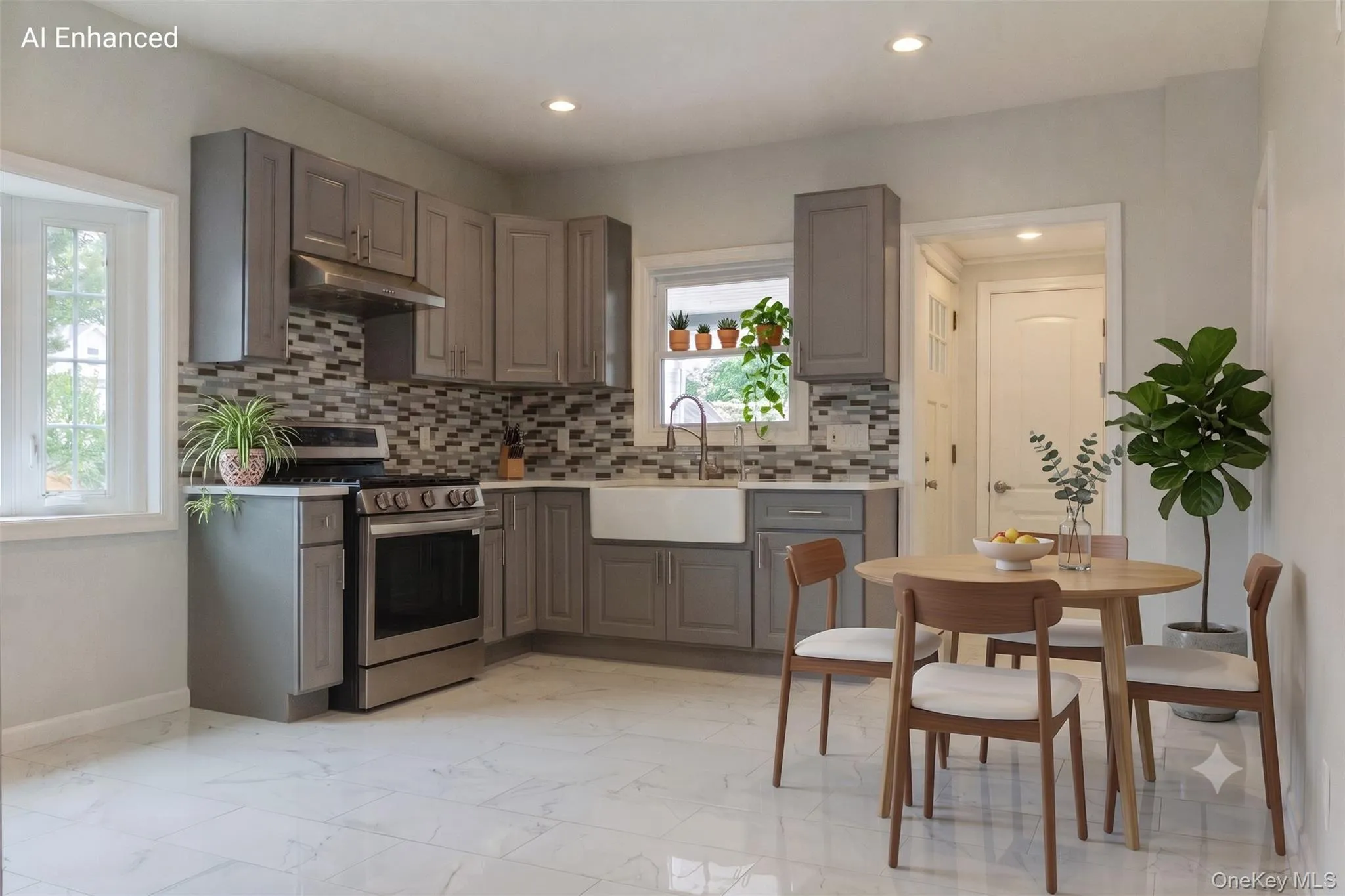 Modern kitchen featuring grey cabinetry, stainless steel appliances, a mosaic tile backsplash, a farmhouse sink, and white tile flooring Modern kitchen featuring grey cabinetry, stainless steel appliances, a mosaic tile backsplash, a farmhouse sink, and white tile flooring