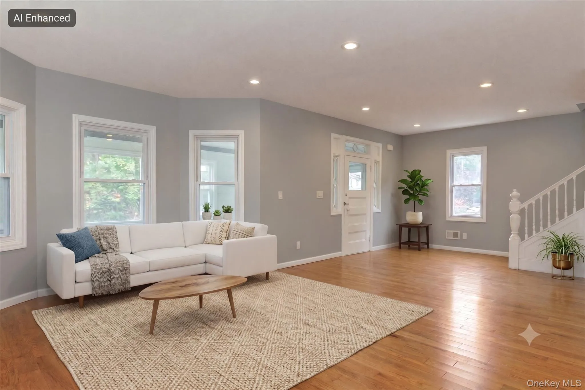 Open-concept living area featuring hardwood flooring, recessed lighting, multiple windows, a bay window, and a white staircase with balusters Open-concept living area featuring hardwood flooring, recessed lighting, multiple windows, a bay window, and a white staircase with balusters
