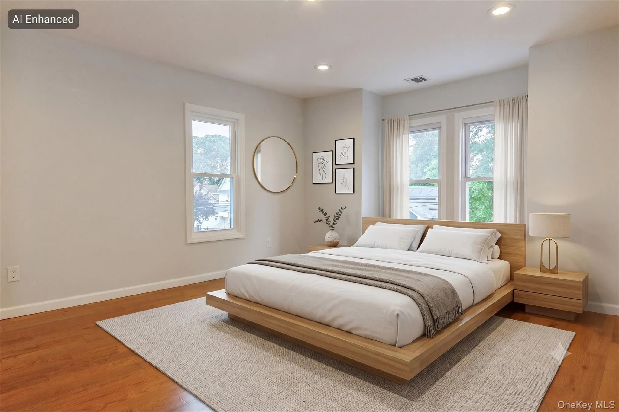 Upstairs Bedroom featuring wood-finish flooring, recessed lighting, and multiple windows with white trim Upstairs Bedroom featuring wood-finish flooring, recessed lighting, and multiple windows with white trim
