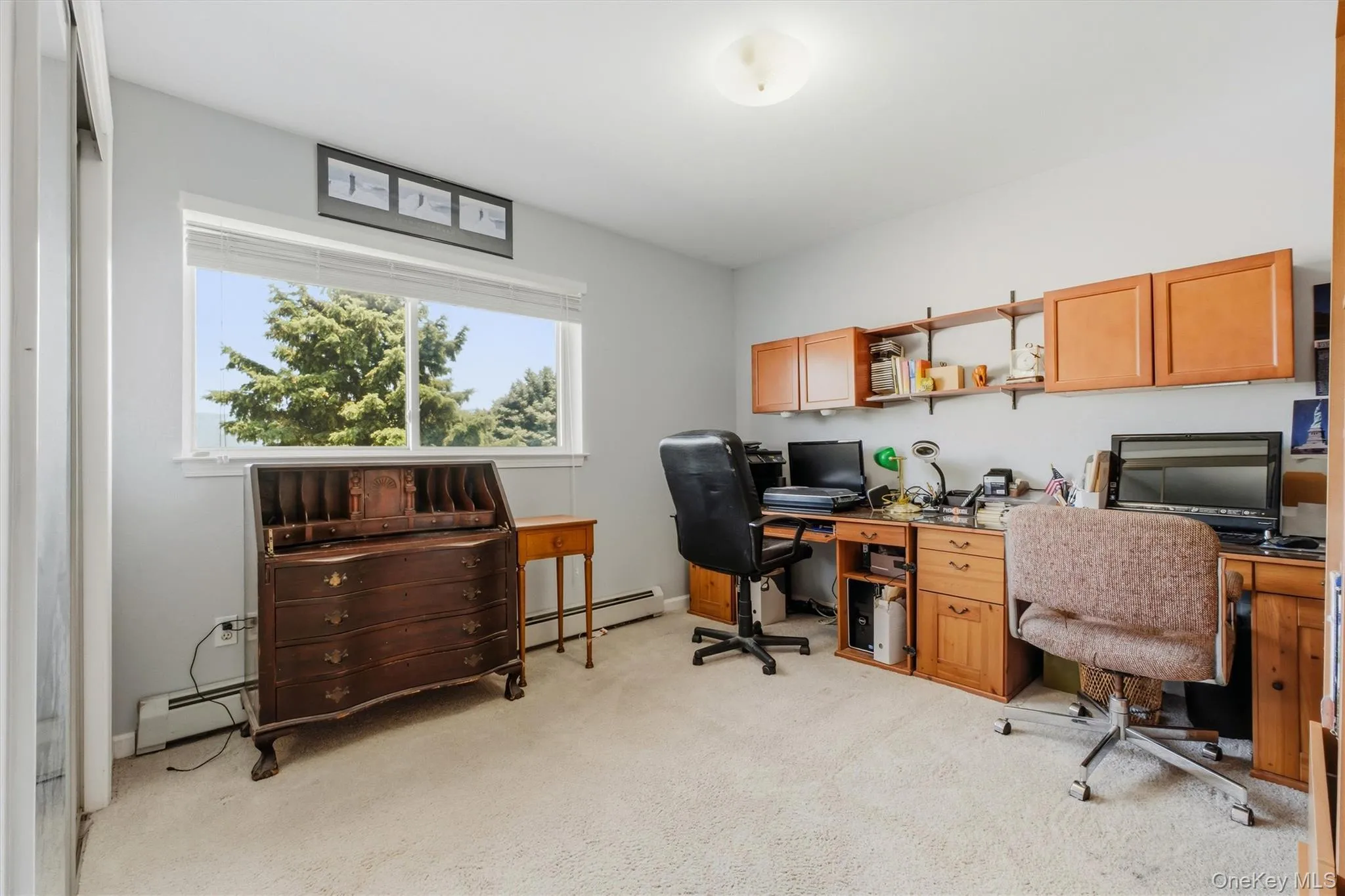 Carpeted room featuring a large window, built-in shelving, and wood-finish cabinetry Carpeted room featuring a large window, built-in shelving, and wood-finish cabinetry
