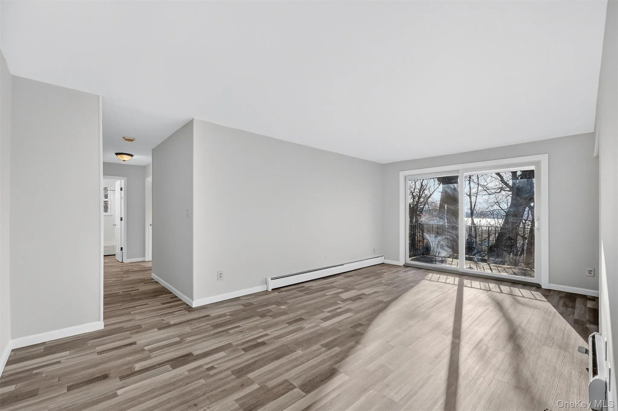 Empty room featuring baseboard heating and light wood-style flooring Empty room featuring baseboard heating and light wood-style flooring