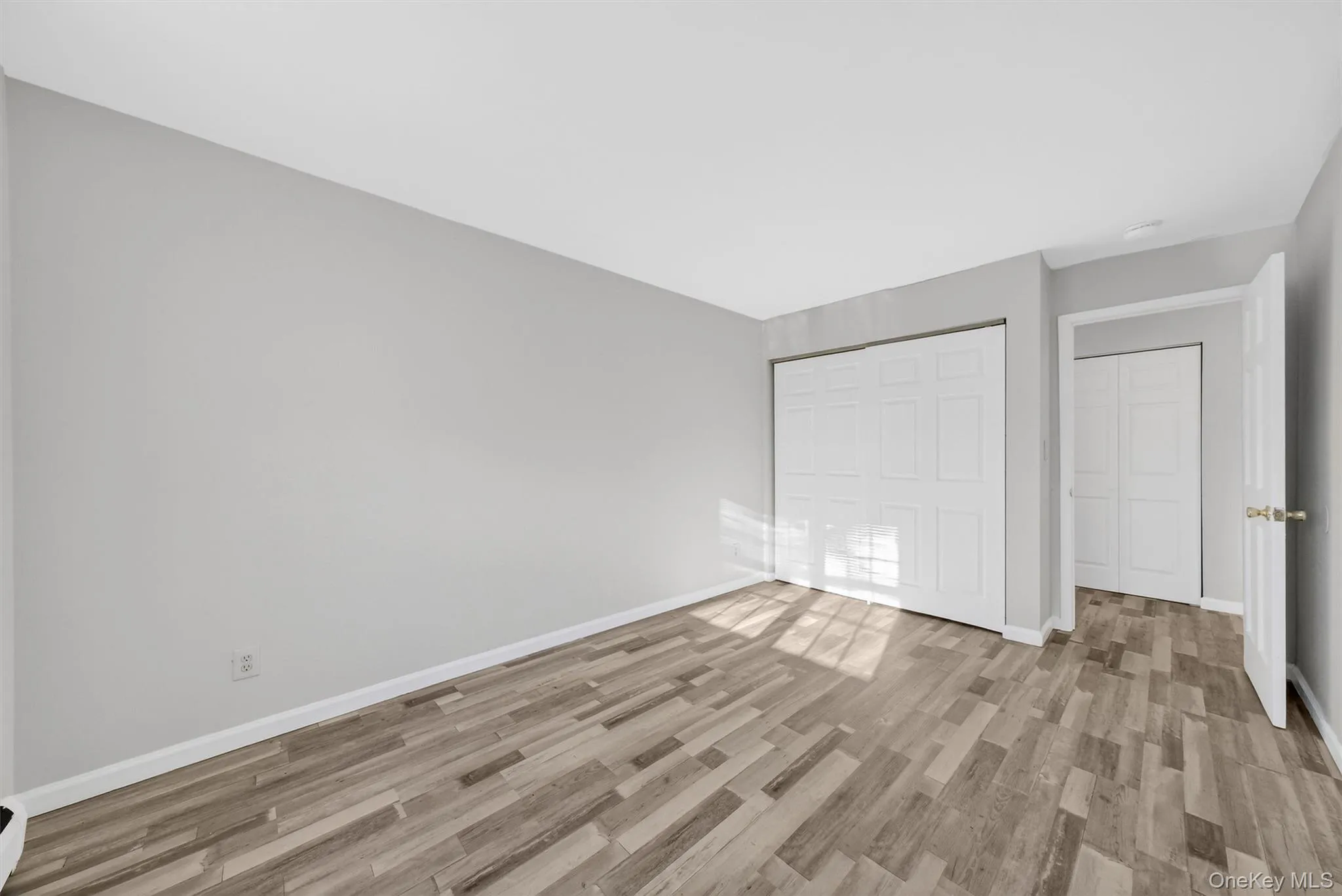 Unfurnished bedroom with light wood-type flooring and a closet Unfurnished bedroom with light wood-type flooring and a closet