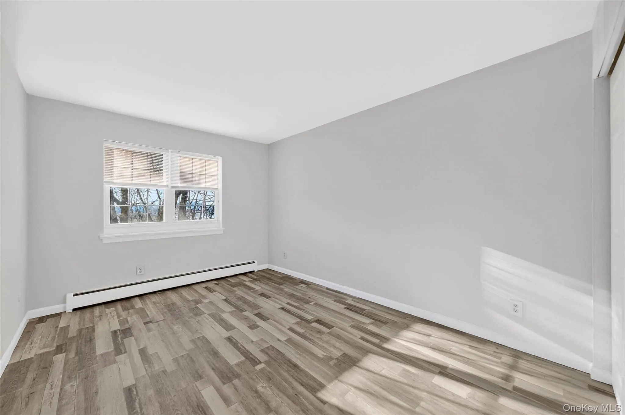 Unfurnished room with a baseboard heating unit and light wood-style flooring Unfurnished room with a baseboard heating unit and light wood-style flooring