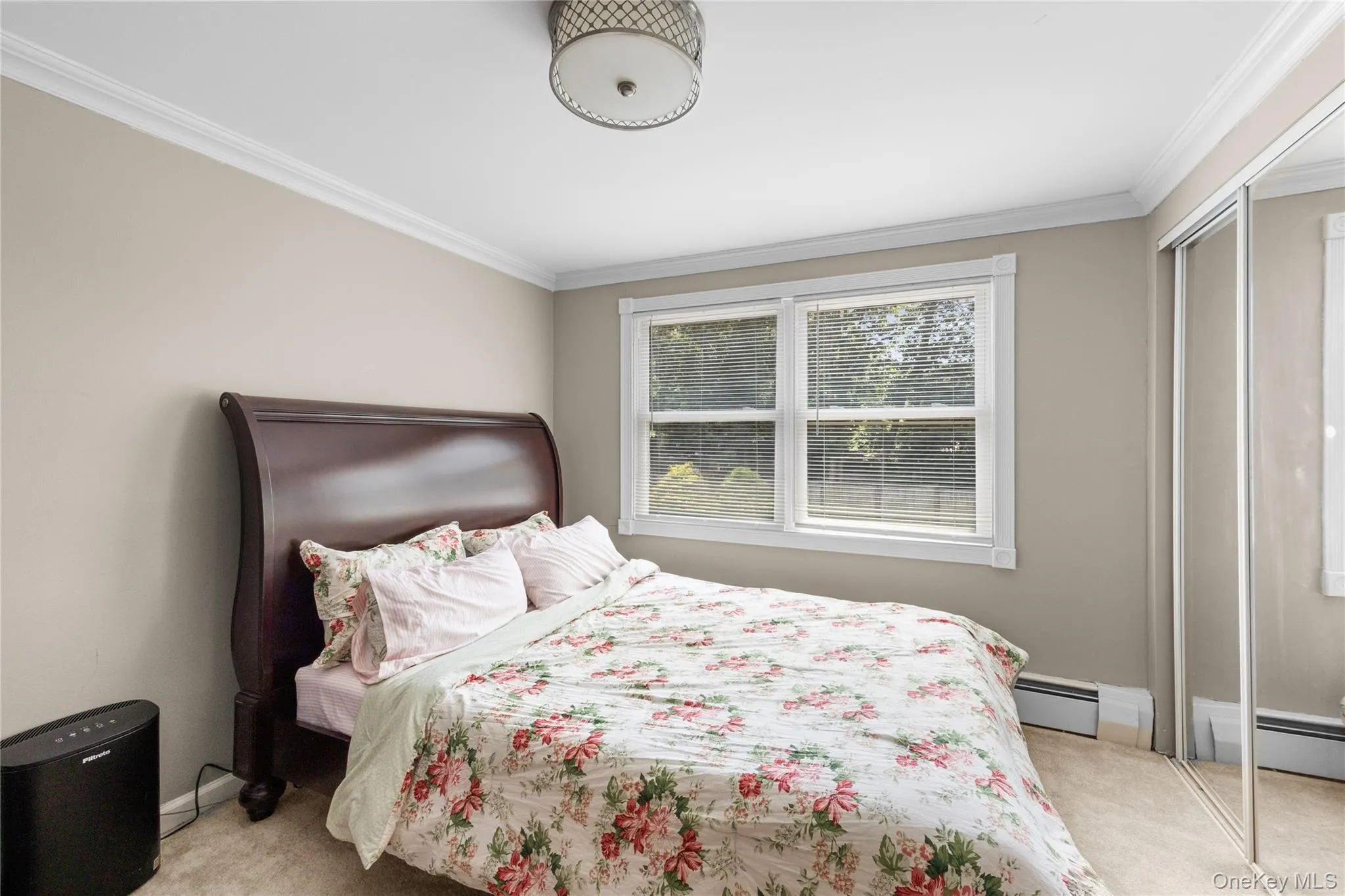 Bedroom featuring light neutral wall paint, crown molding, a multi-pane window with white trim, a ceiling-mounted light fixture, and mirrored closet doors Bedroom featuring light neutral wall paint, crown molding, a multi-pane window with white trim, a ceiling-mounted light fixture, and mirrored closet doors