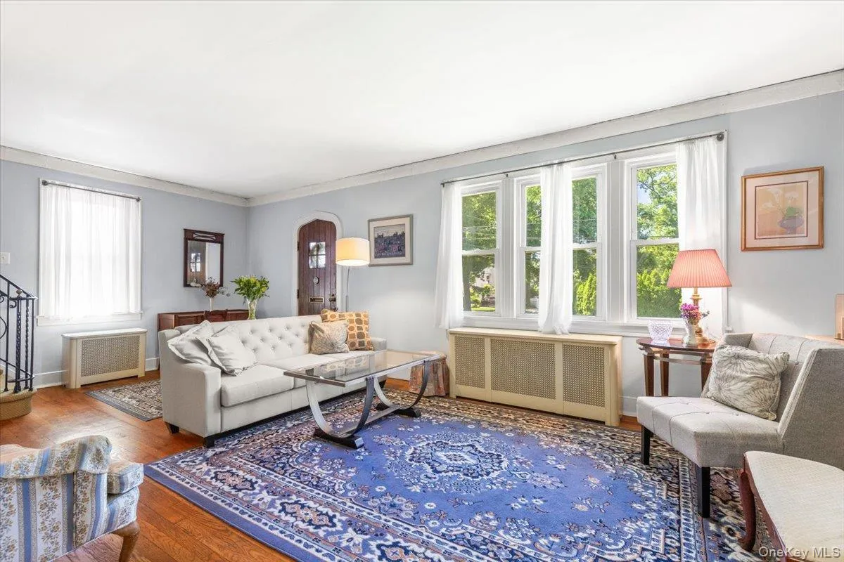 Living room featuring hardwood flooring, multiple windows, crown molding, and a built-in radiator cover Living room featuring hardwood flooring, multiple windows, crown molding, and a built-in radiator cover