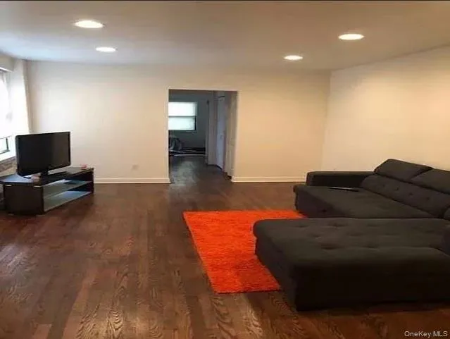 Living area with recessed lighting, plenty of natural light, dark wood-type flooring, and baseboards Living area with recessed lighting, plenty of natural light, dark wood-type flooring, and baseboards