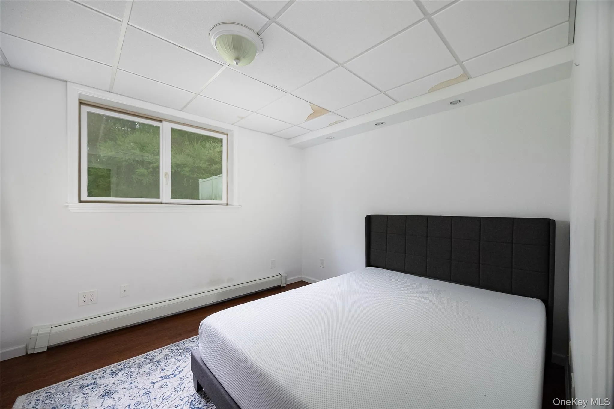 Room featuring wood-finish flooring, white walls, and a drop ceiling Room featuring wood-finish flooring, white walls, and a drop ceiling
