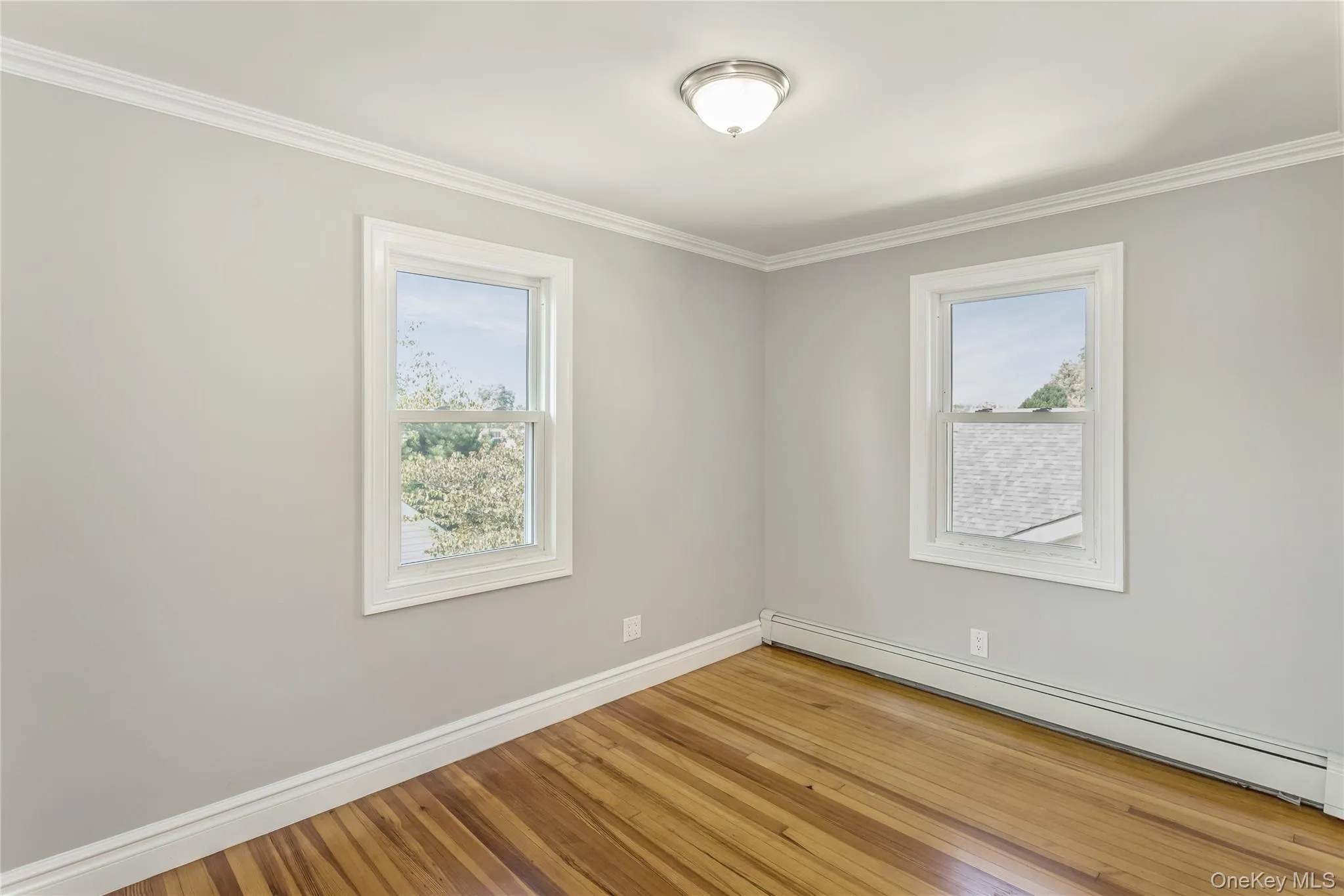 Unfurnished room featuring a baseboard radiator, crown molding, and light wood-style floors Unfurnished room featuring a baseboard radiator, crown molding, and light wood-style floors