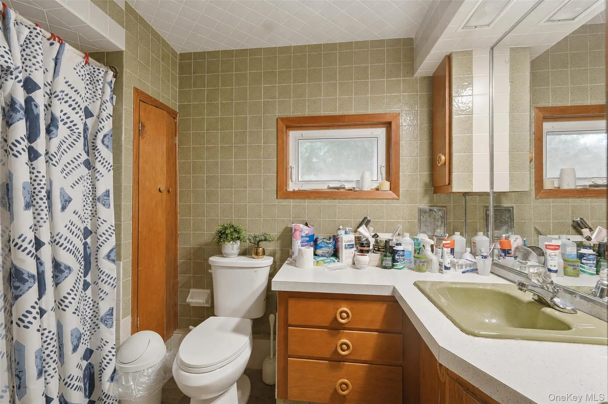 Bathroom featuring green square wall tiles and a white ceiling with recessed panels Bathroom featuring green square wall tiles and a white ceiling with recessed panels