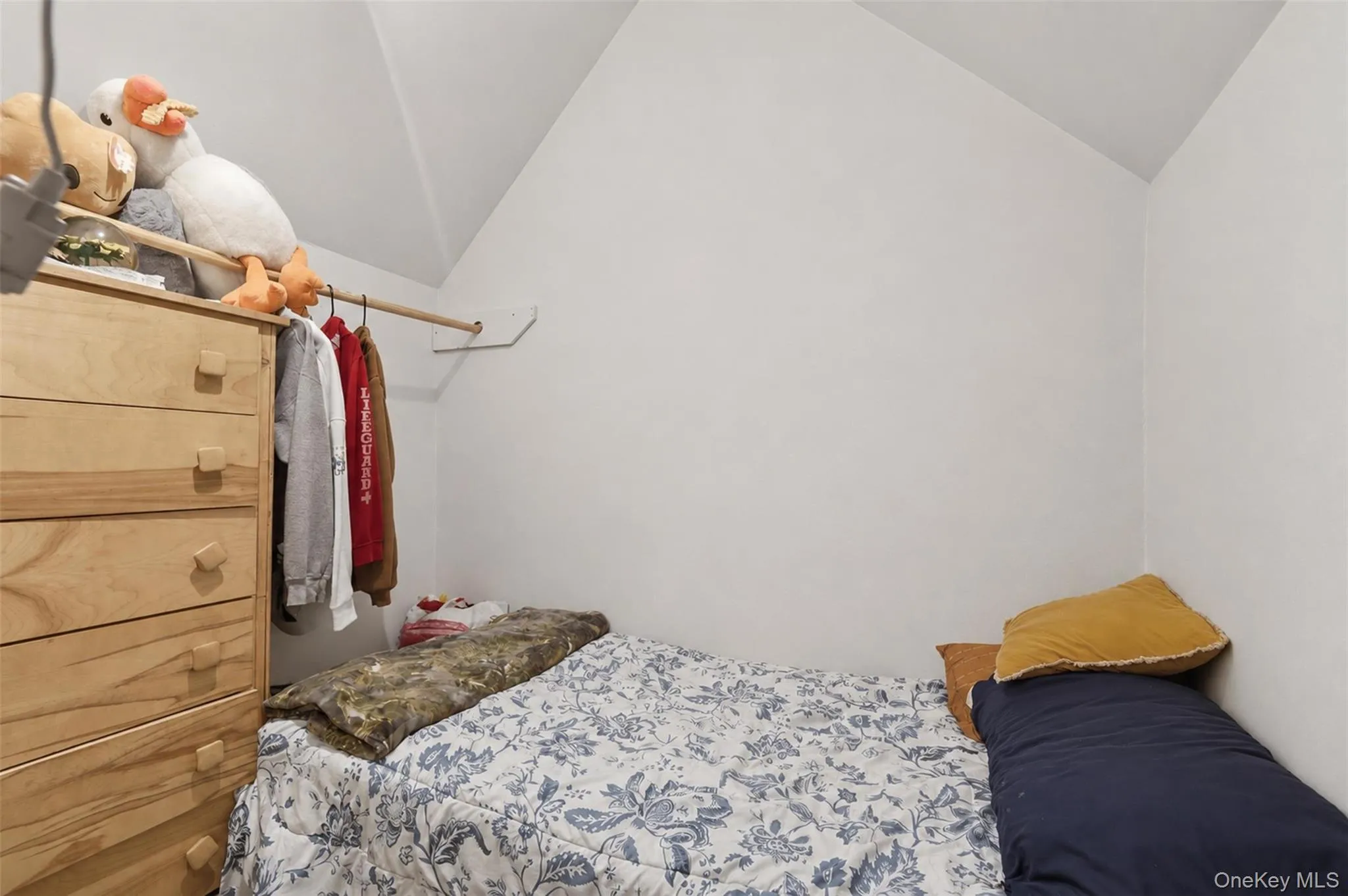 Room featuring an angled ceiling plane, light-colored wall finishes, and a built-in hanging rod Room featuring an angled ceiling plane, light-colored wall finishes, and a built-in hanging rod