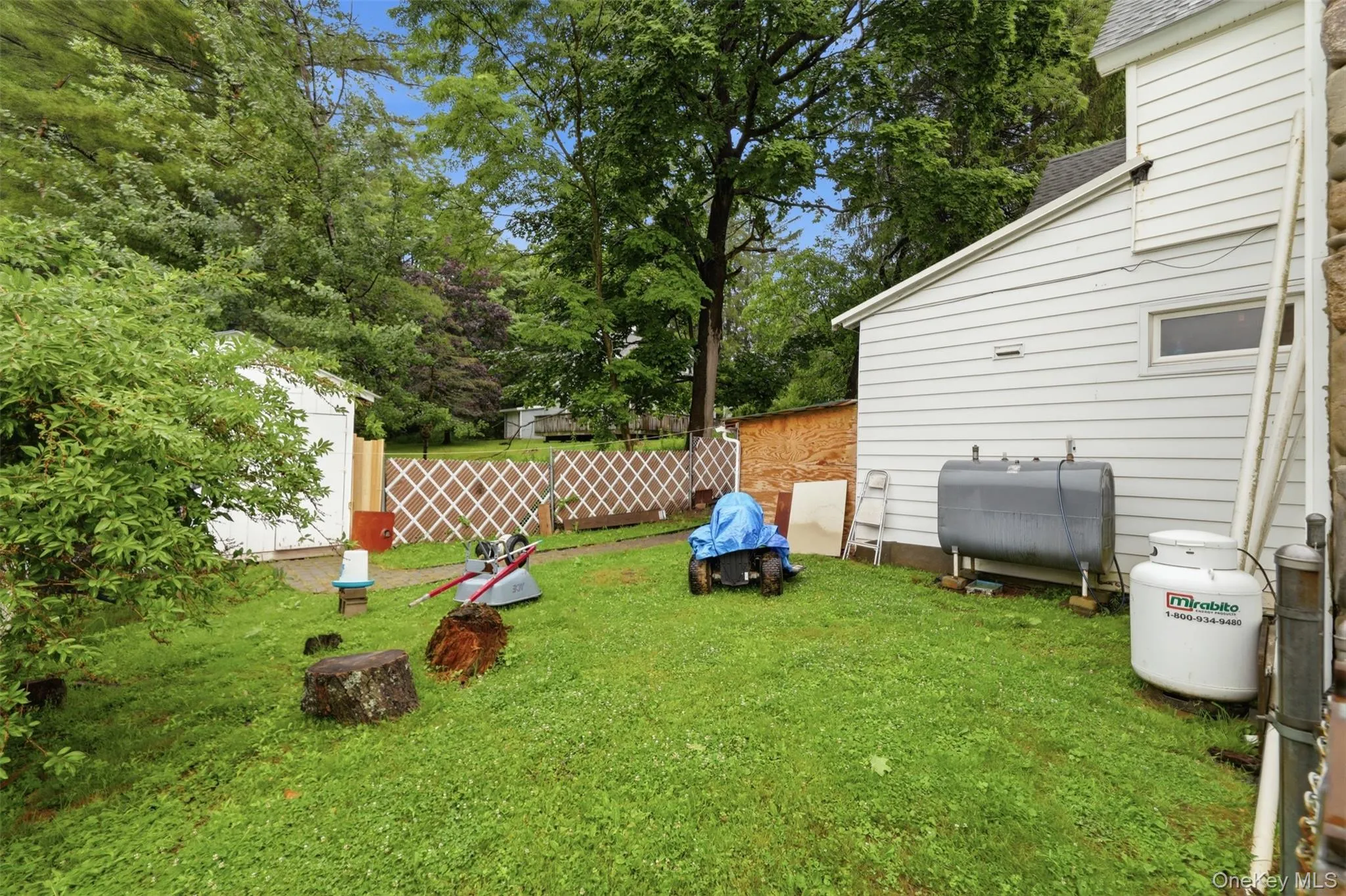 Expansive grassy yard featuring mature perimeter trees, white siding, and a decorative lattice fence Expansive grassy yard featuring mature perimeter trees, white siding, and a decorative lattice fence