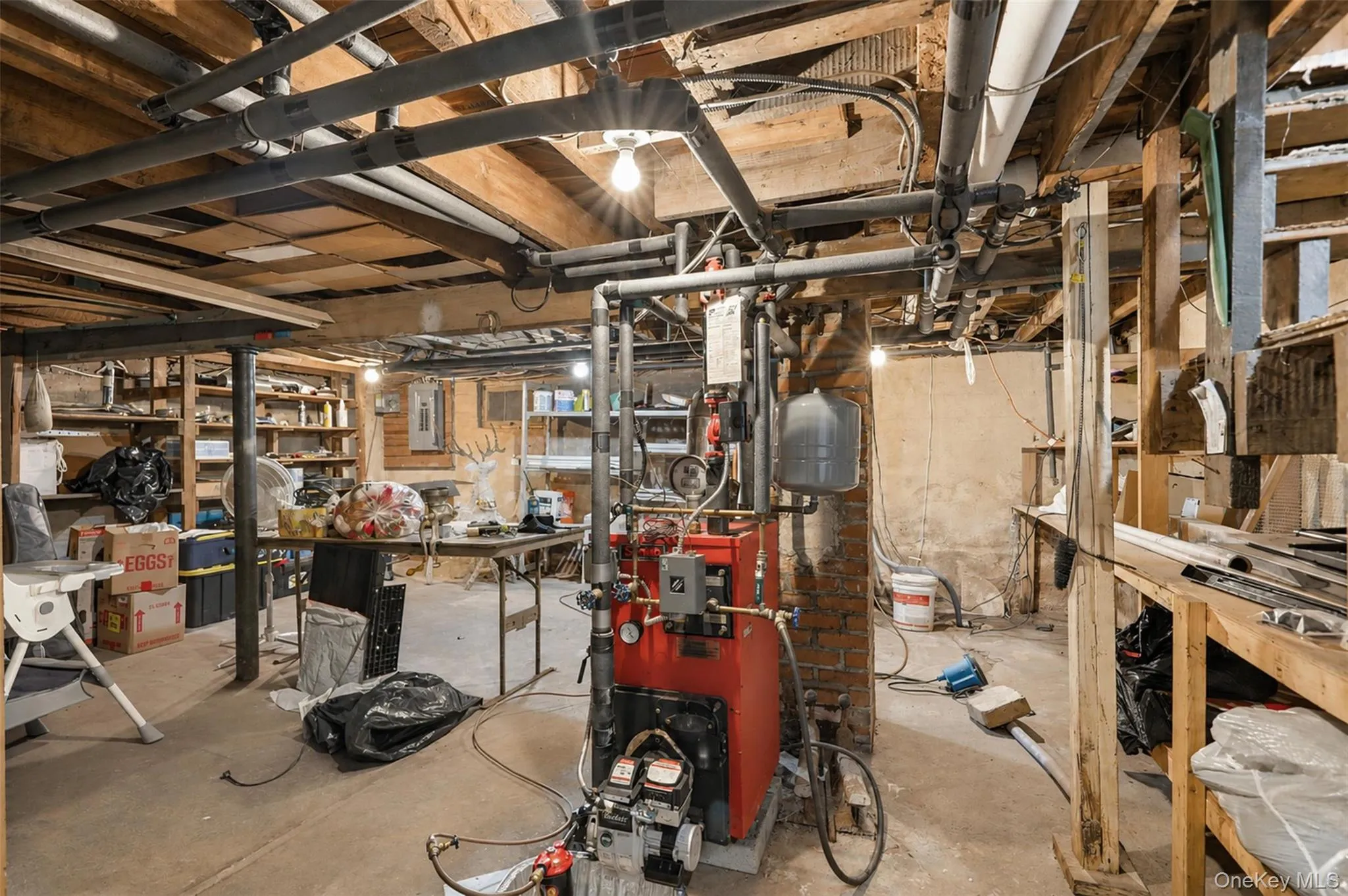 Basement utility area featuring exposed joists, visible plumbing, and a central water heater unit Basement utility area featuring exposed joists, visible plumbing, and a central water heater unit