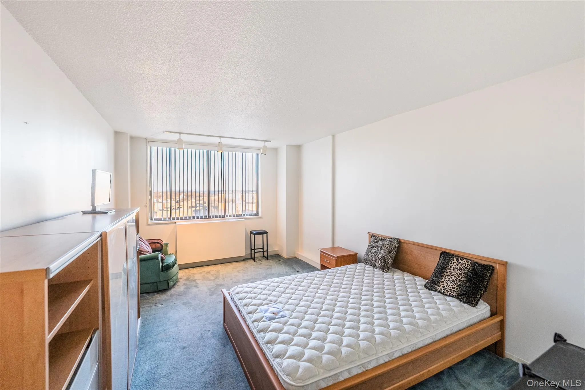 Carpeted bedroom featuring a textured ceiling and track lighting Carpeted bedroom featuring a textured ceiling and track lighting