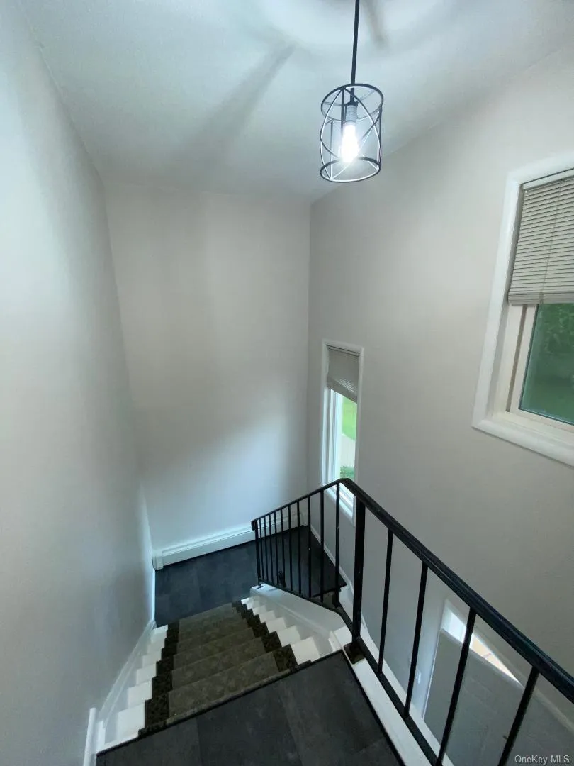 Recessed entry with a black metal cage pendant light, staircase featuring a carpet runner, and dark wood-finish flooring Recessed entry with a black metal cage pendant light, staircase featuring a carpet runner, and dark wood-finish flooring