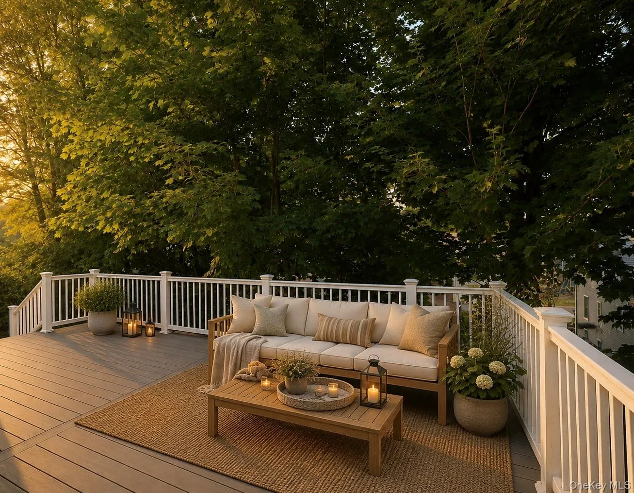 Virtually-staged spacious outdoor deck featuring composite decking, white railing, and mature tree canopy Virtually-staged spacious outdoor deck featuring composite decking, white railing, and mature tree canopy