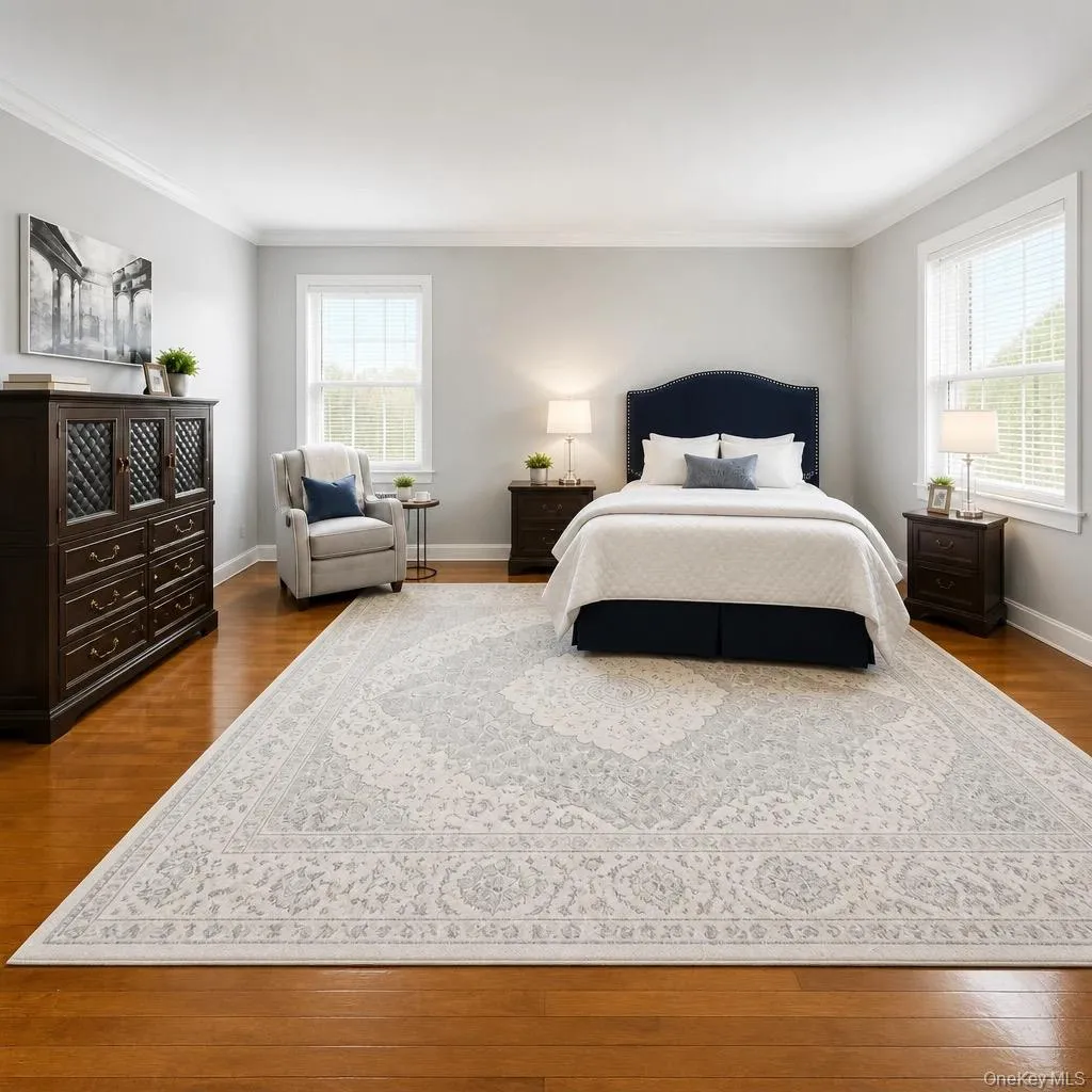 Expansive room featuring hardwood flooring, light gray wall paint, and white trim molding Expansive room featuring hardwood flooring, light gray wall paint, and white trim molding