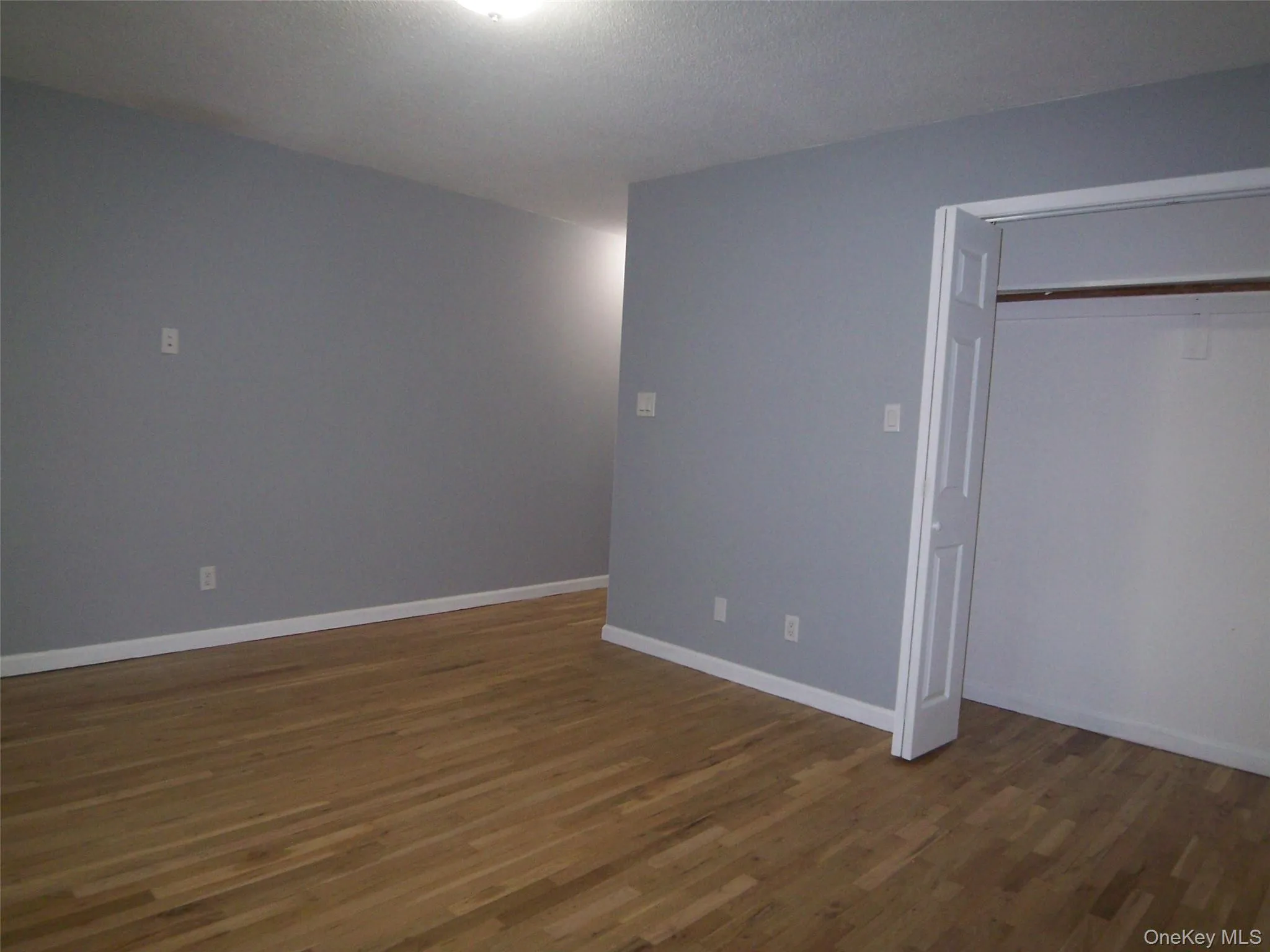 Spacious room featuring wood-finish flooring, light gray wall paint, white baseboards, and a bi-fold closet door Spacious room featuring wood-finish flooring, light gray wall paint, white baseboards, and a bi-fold closet door