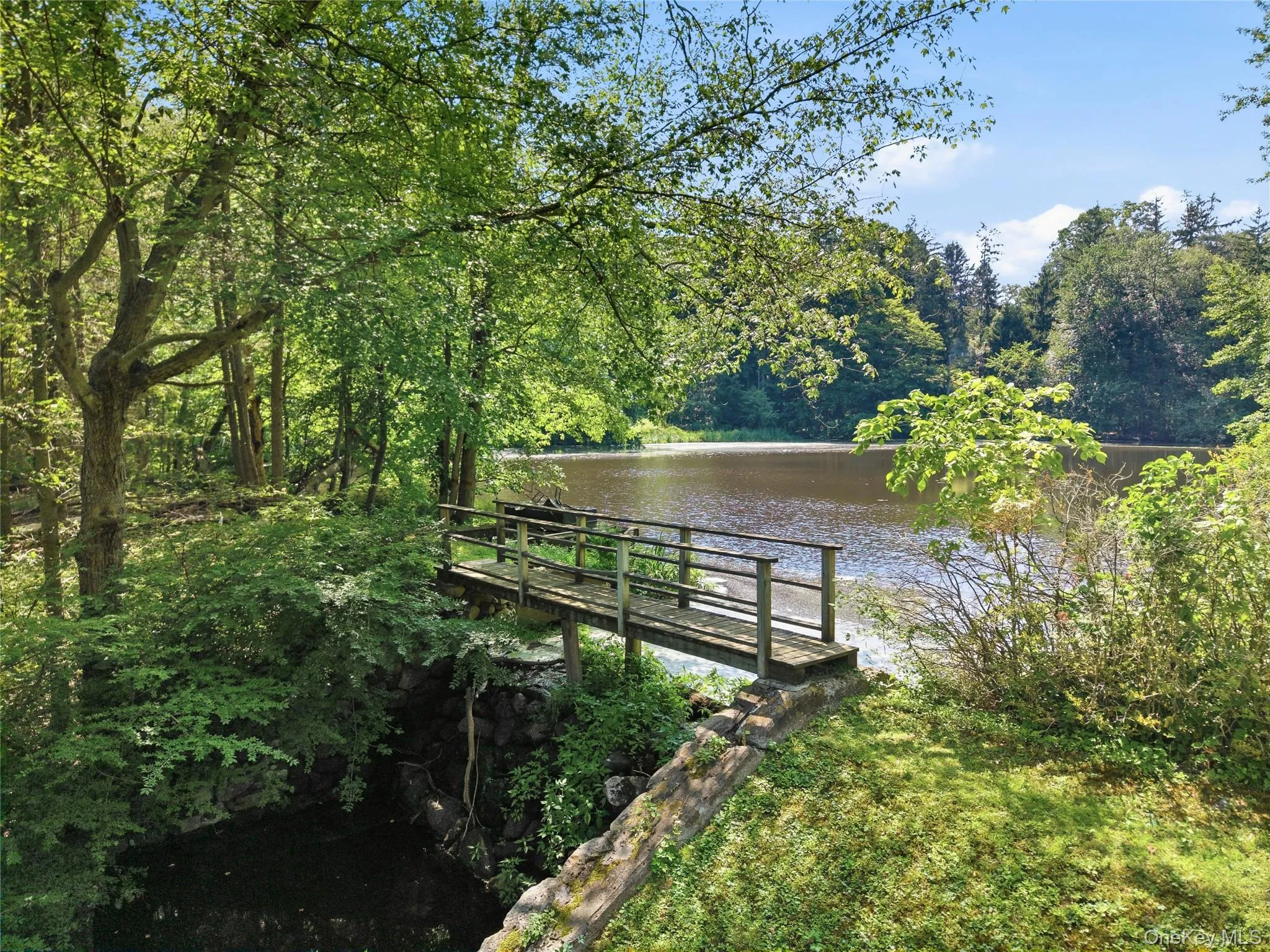 Picturesque pond with bridge and private dock Picturesque pond with bridge and private dock