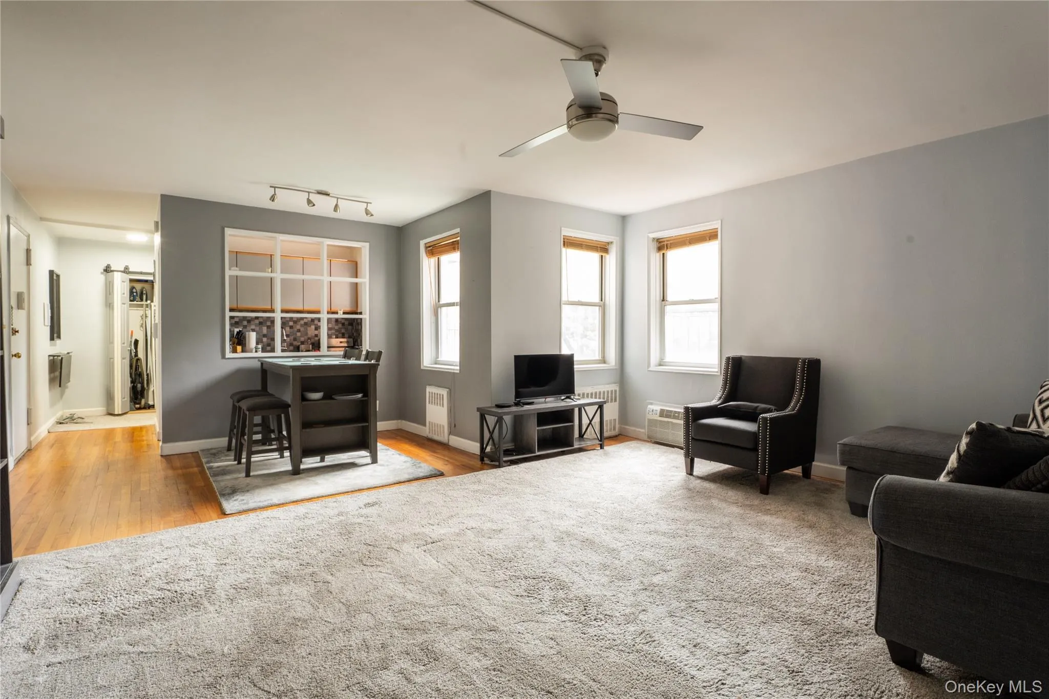 Open-concept living area featuring light gray walls, a ceiling fan, and multiple windows with natural light Open-concept living area featuring light gray walls, a ceiling fan, and multiple windows with natural light