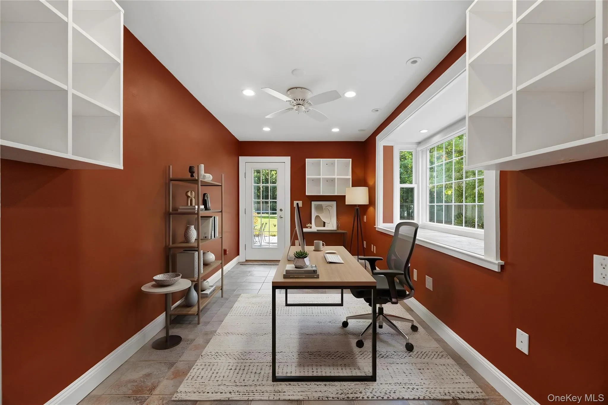 Virtually staged Office with side door to Patio. Virtually staged Office with side door to Patio.