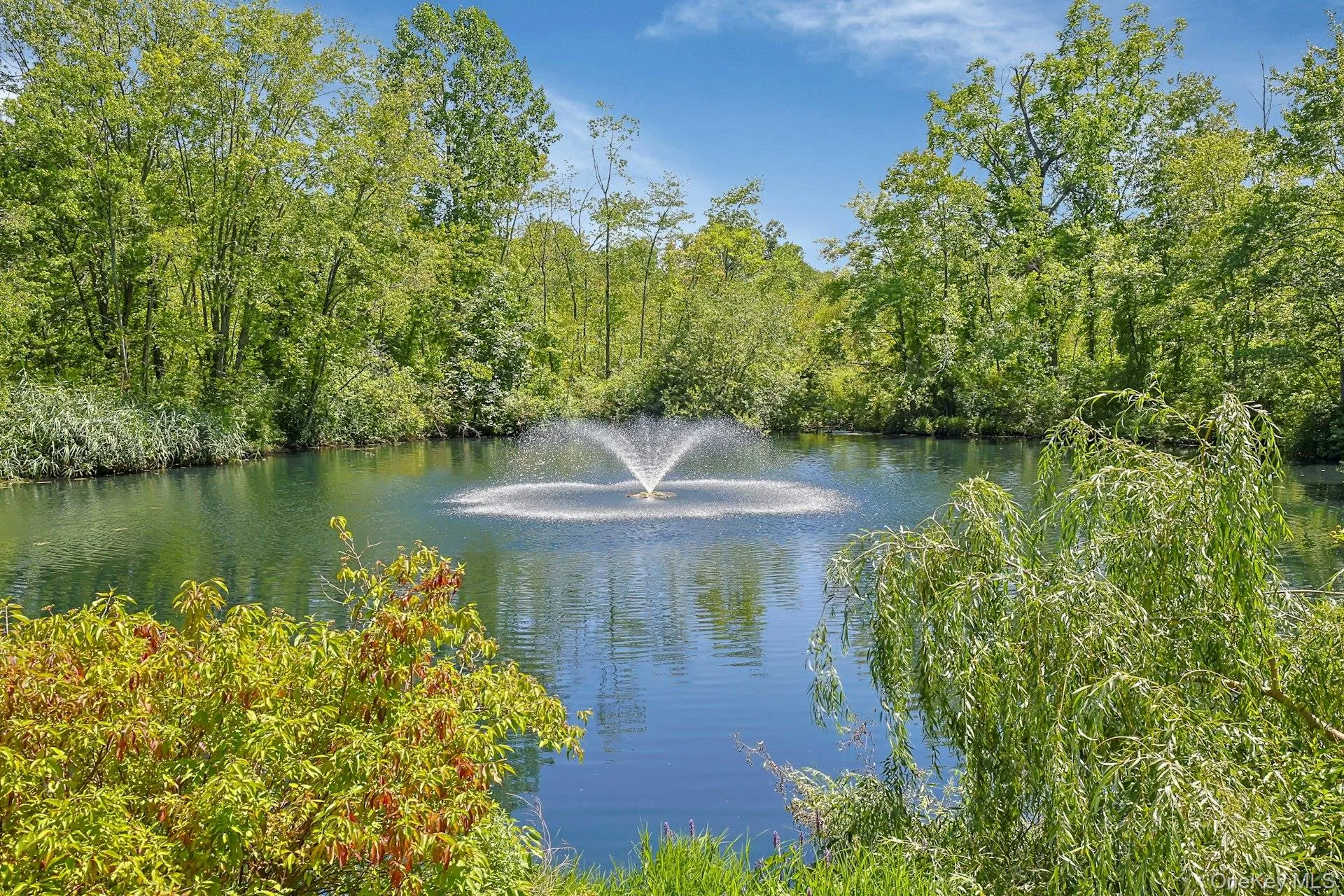 A picturesque pond with fountain offers a peaceful place to enjoy the surroundings. A picturesque pond with fountain offers a peaceful place to enjoy the surroundings.