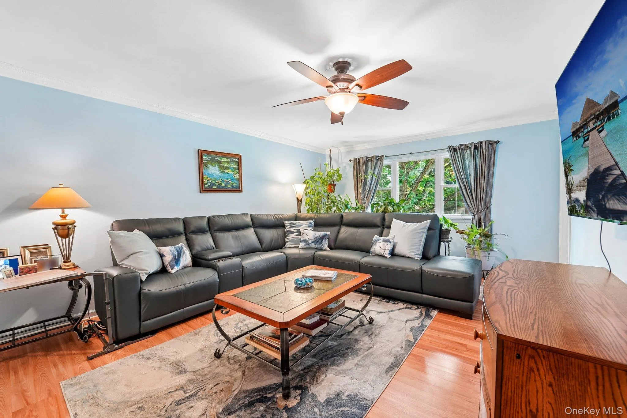 Drenched in sunlight, crown molding, ceiling fan, and wood-style flooring. Drenched in sunlight, crown molding, ceiling fan, and wood-style flooring.