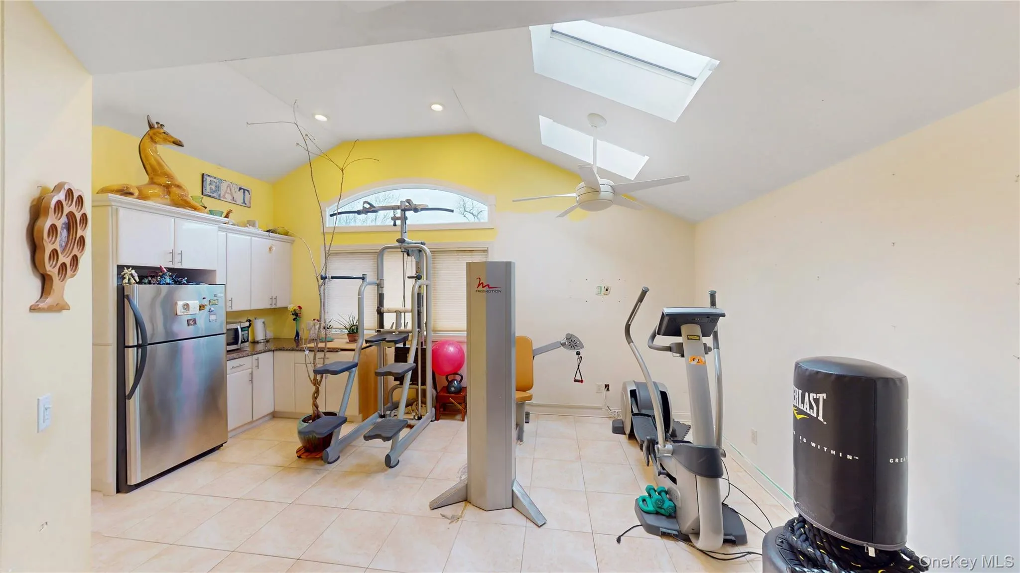 Vaulted ceiling with dual skylights and ceiling fan Vaulted ceiling with dual skylights and ceiling fan