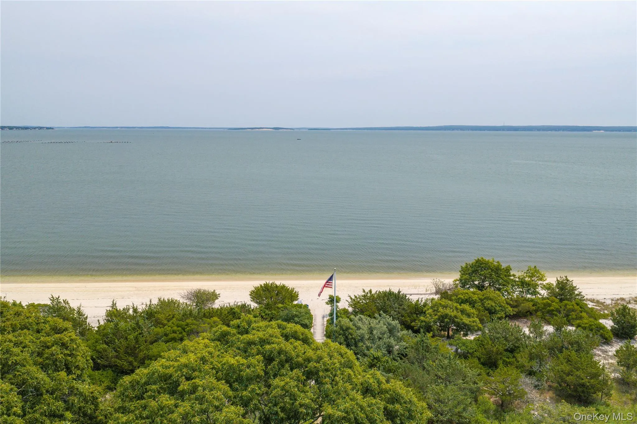 Expansive waterfront property featuring a sandy beach, calm water, and mature trees Expansive waterfront property featuring a sandy beach, calm water, and mature trees
