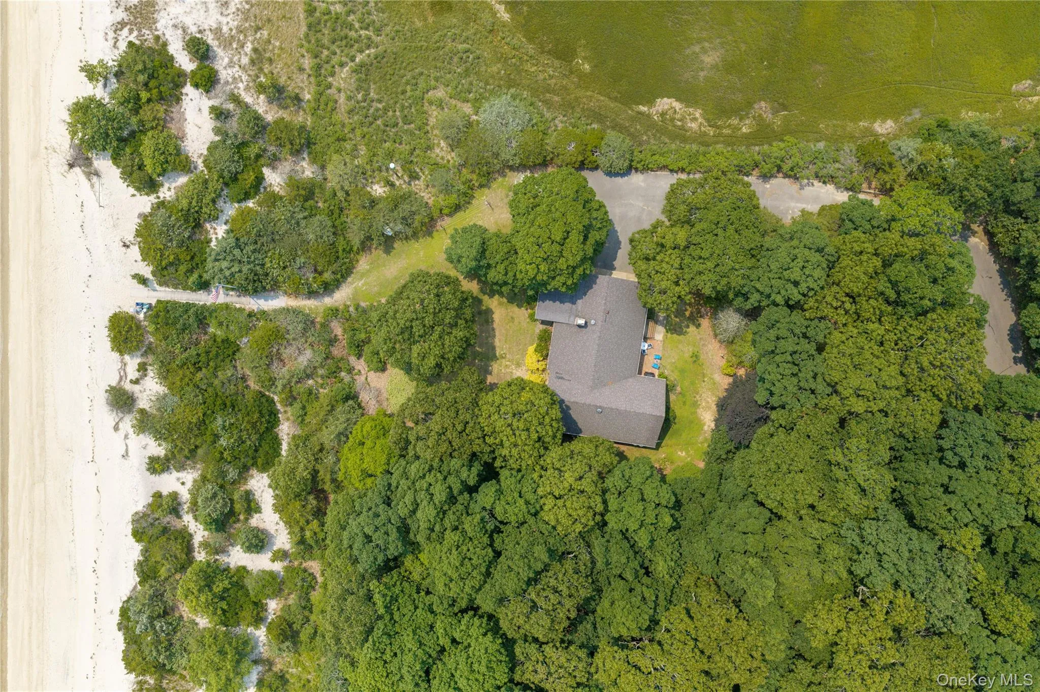 Secluded property featuring a residence with a dark shingled roof, surrounded by extensive mature foliage and a sandy shoreline Secluded property featuring a residence with a dark shingled roof, surrounded by extensive mature foliage and a sandy shoreline