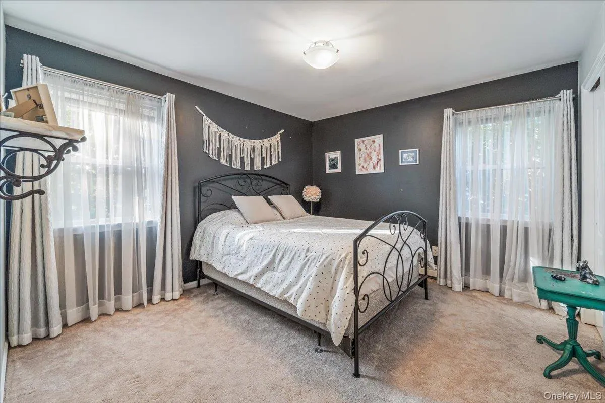 Carpeted room featuring a ceiling-mounted light fixture, two windows with curtain rods, and dark wall finishes Carpeted room featuring a ceiling-mounted light fixture, two windows with curtain rods, and dark wall finishes