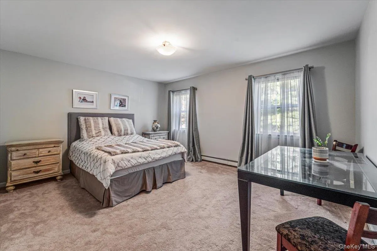 Carpeted interior room featuring light gray walls, two windows with curtain rods, and a ceiling-mounted light fixture Carpeted interior room featuring light gray walls, two windows with curtain rods, and a ceiling-mounted light fixture