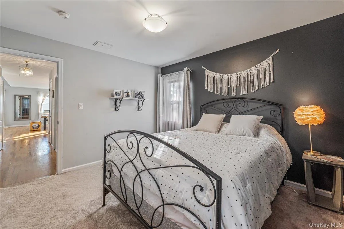 Carpeted room with a contrasting accent wall, ceiling-mounted light fixture, and a window with drapes Carpeted room with a contrasting accent wall, ceiling-mounted light fixture, and a window with drapes