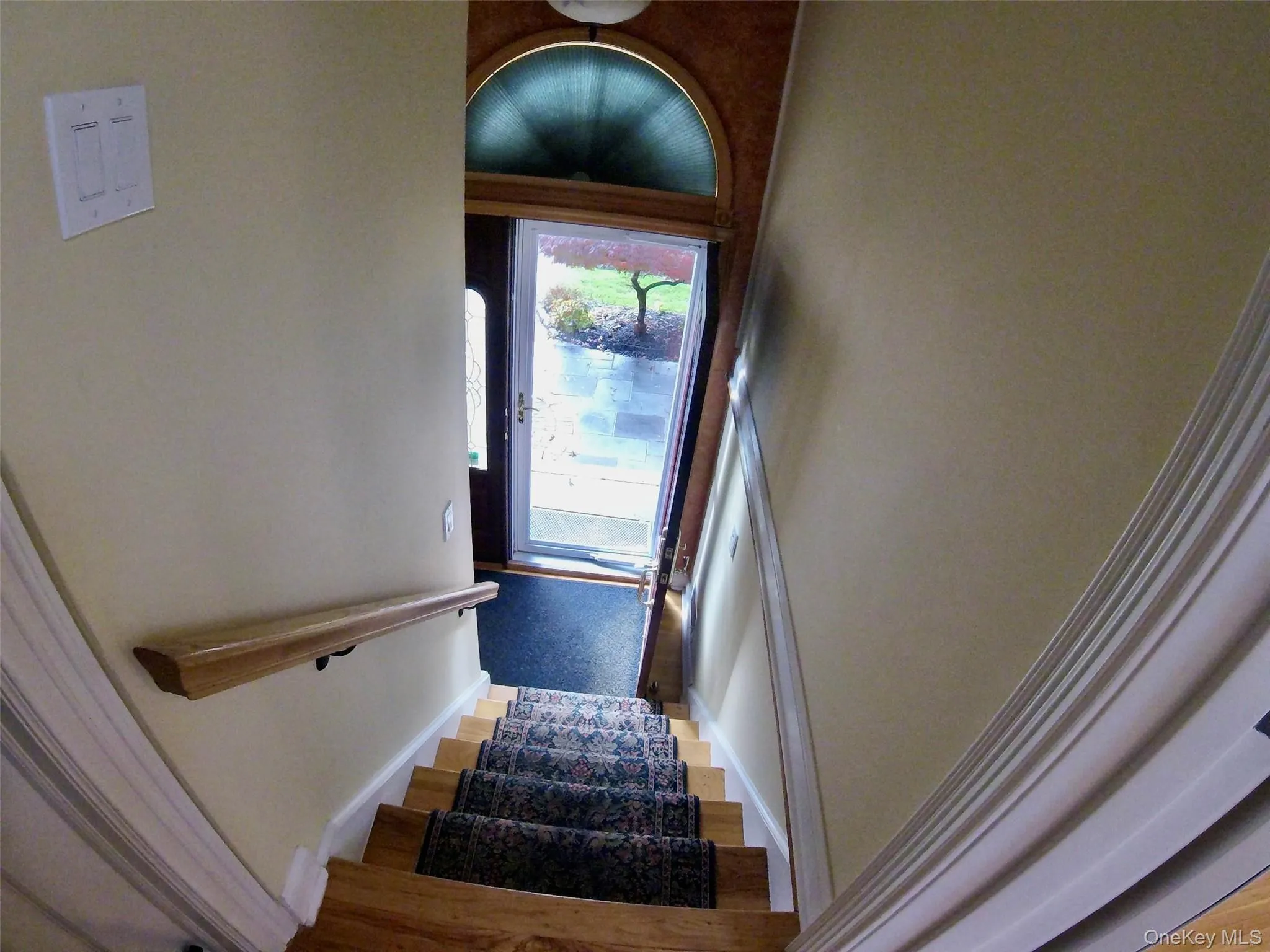 Staircase with wood-finish treads and a patterned runner Staircase with wood-finish treads and a patterned runner